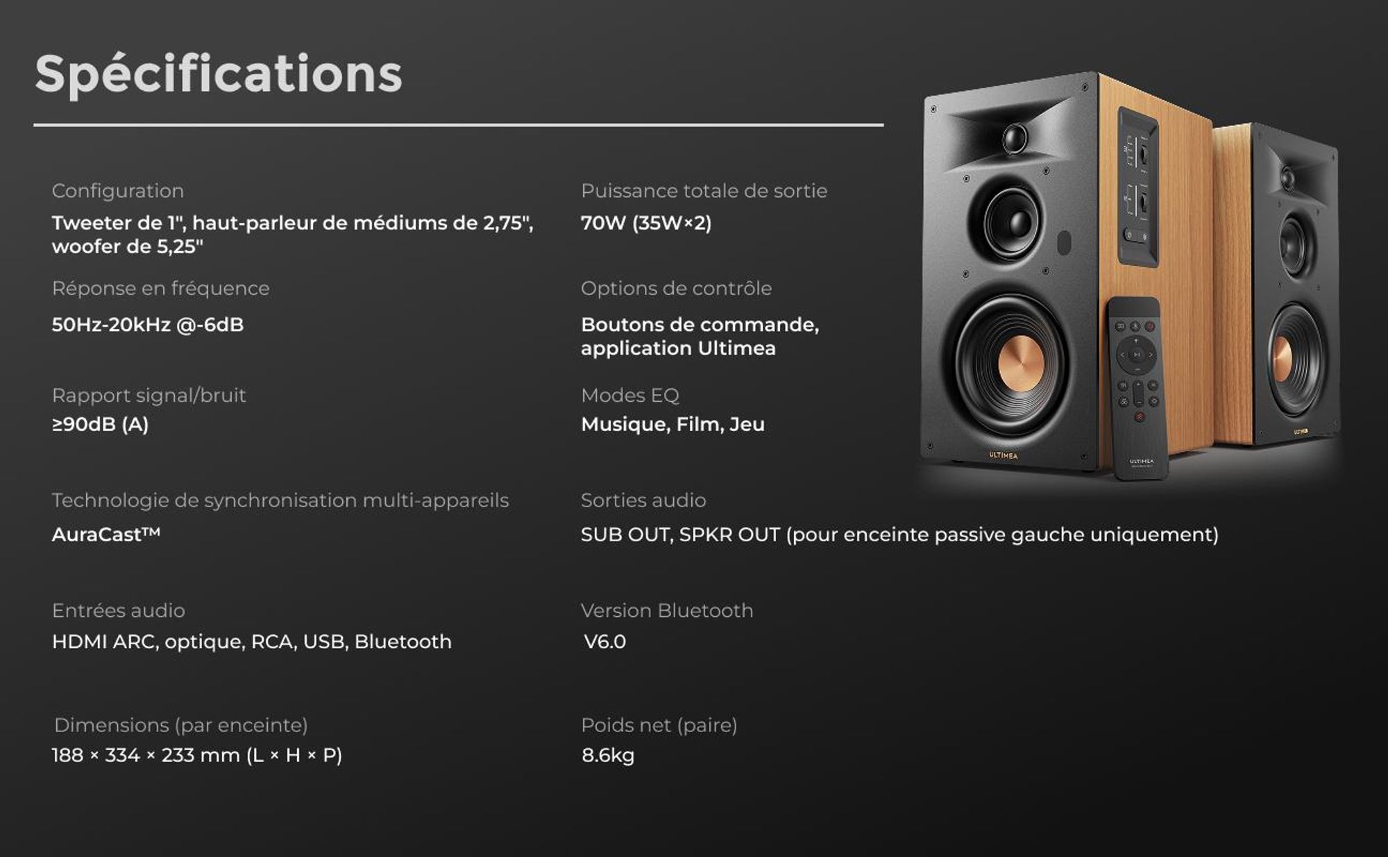 Ultimea Signature BS-30, enceinte acoustique 3 voies, type bibliothèque, avec connectivité HDMI