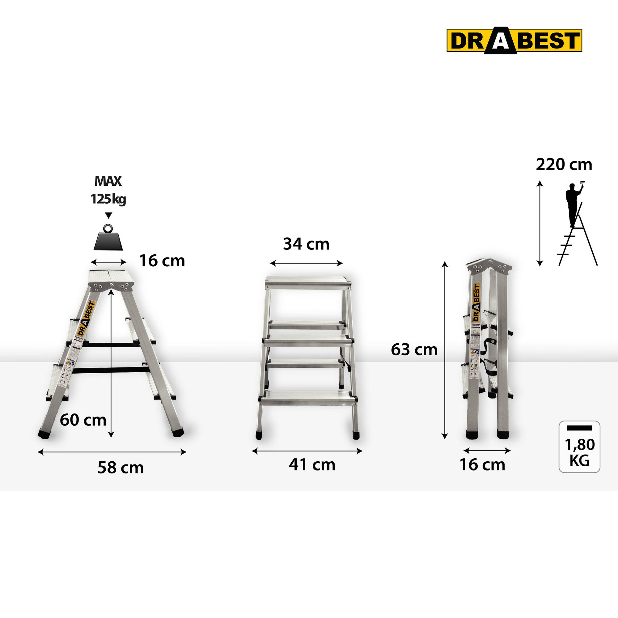 Drabest, Leiter, Aluminium-Leiter, Klappleiter, Treppenleiter, doppelseitige Leiter