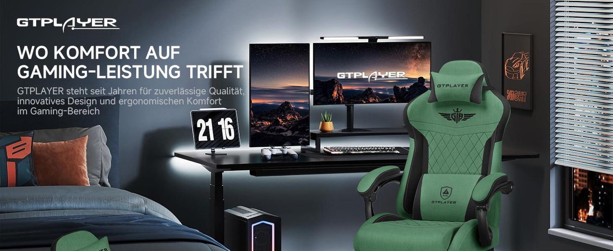 GTPLAYER Gaming Stuhl, Ergonomischer Gamer Stuhl aus Stoff mit Lendenwirbelstütze, PC-Stuhl mit verbreiterter Rückenlehne, Belastbar bis 150 kg, Grün