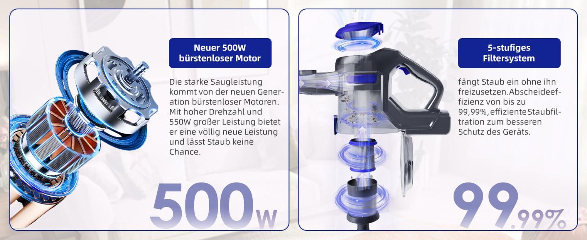 55000PA Akku Staubsauger, Staubsauger Kabellos,Kabelloser Staubsauger,8 in1 Akkustaubsauger Bürstenloser Motor bis zu 55min,für tierhaare,500W,4HEPA