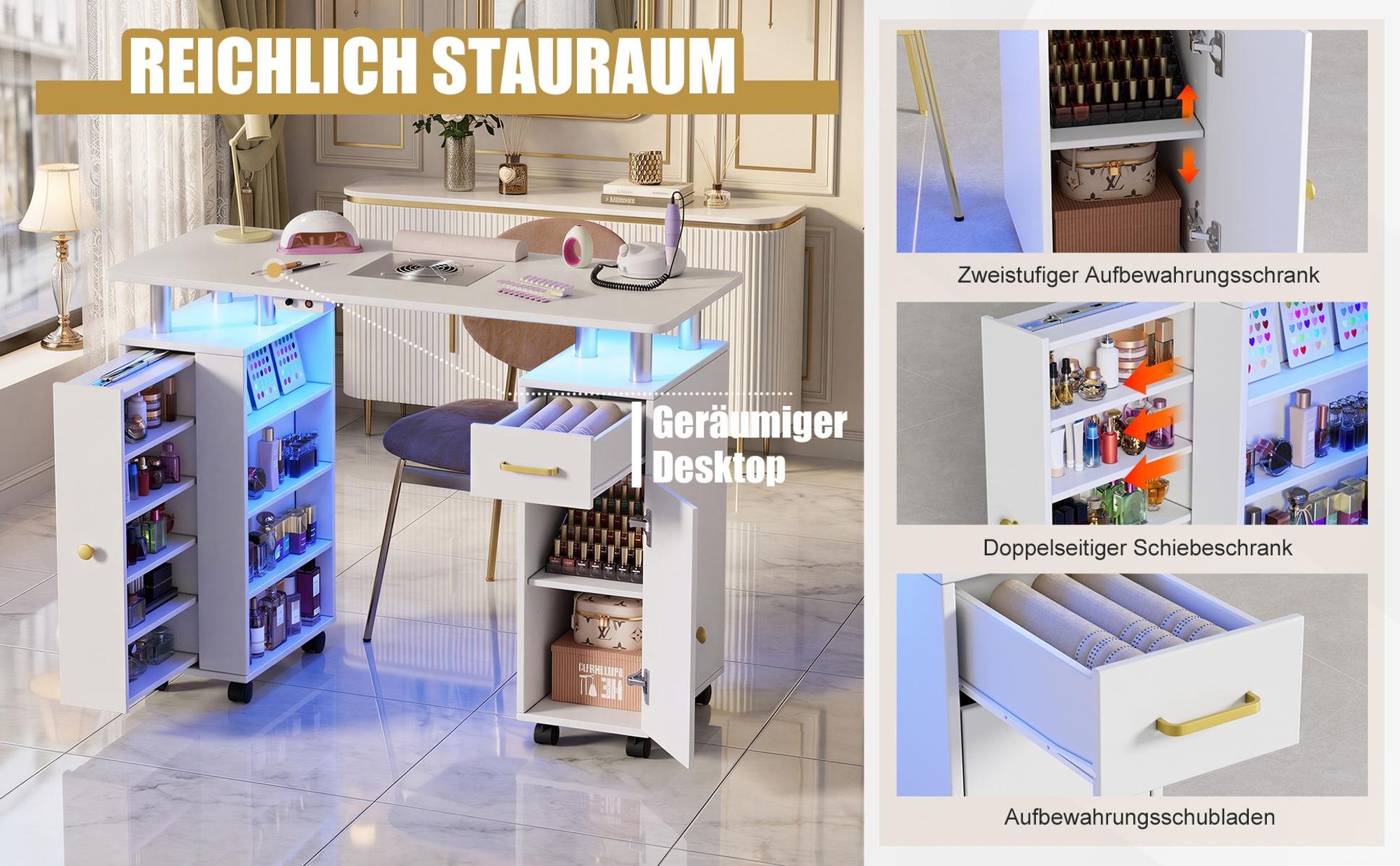 Manikürtisch mit Absaugung und LED-Beleuchtung, mobiler Nageltisch mit Staubabsaugung, Schublade und Stauraum für Nagelstudio & Kosmetikstudio
