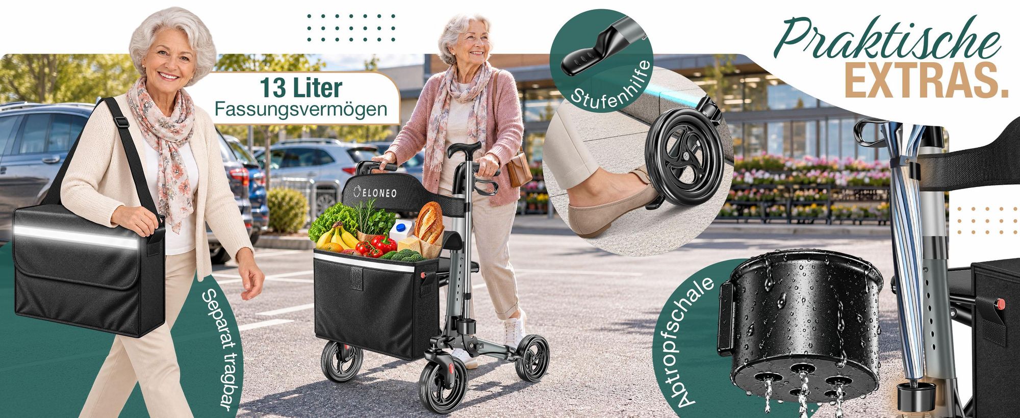 ELONEO Rollator faltbar und leicht mit Sitz, Leichtgewicht-Reiserollator aus Aluminium, Gehhilfe 8-fach höhenverstellbar, Laufhilfe 3-fach faltbar