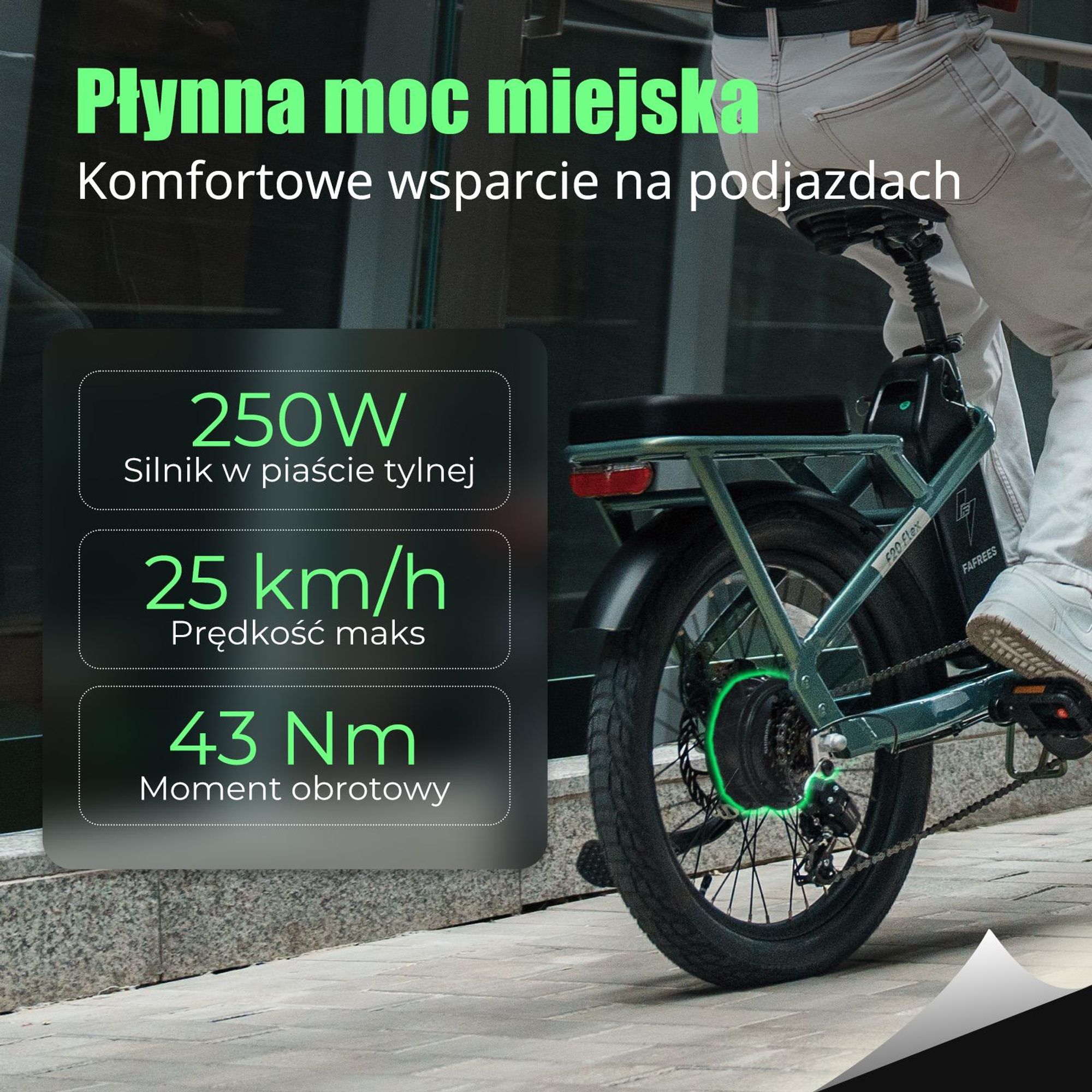 Rower elektryczny FAFREES F20 Flex – silnik 250 W, akumulator 36 V 20 Ah, zasięg 75–100 km, mechaniczne hamulce tarczowe – Kolor Czarny Metaliczny
