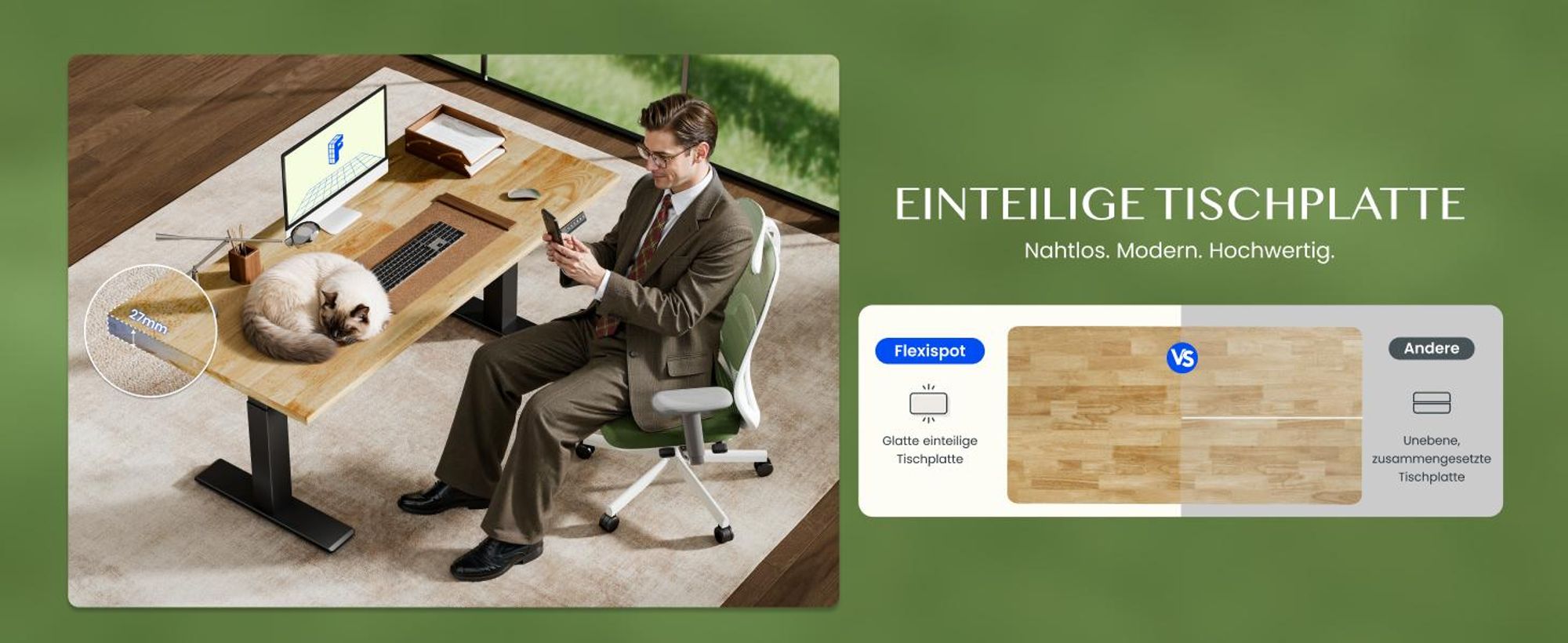 FLEXISPOT Tischplatte 140x80 cm, 27 mm starke Eichen-Massivholzplatte, Einteilige Tischplatte mit vorgebohrten Löchern, ideal für Schreibtische