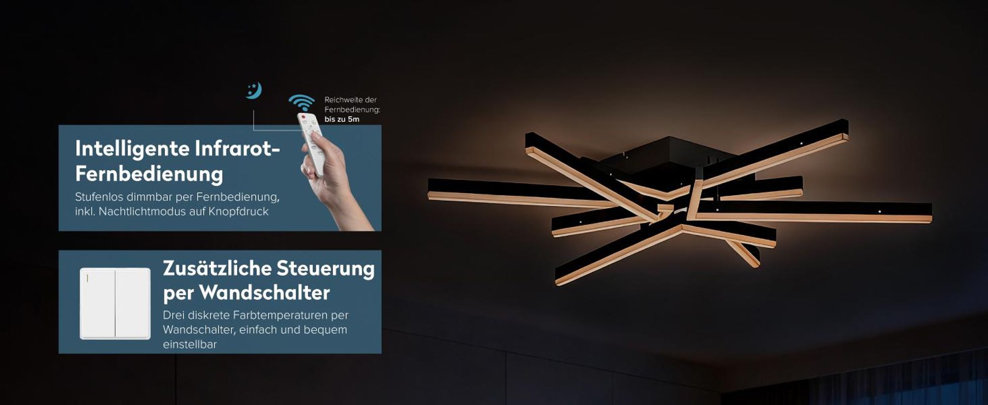 doporro LED Deckenleuchte 72W, 80 cm Deckenlampe für Wohnzimmer oder Küche, einstellbare Farbtemperatur 3000K/4200K/6400K, Sandschwarz Alivetta25038