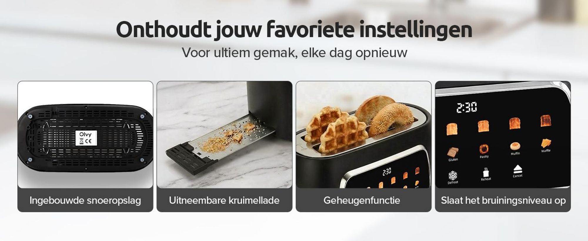 Olvy Broodrooster, 4 sleuven, lange sleuven, digitaal display met timer, 6 bruiningsgraden, brede sleuven, ontdooifunctie en opwarmfunctie, 1500W, zwart