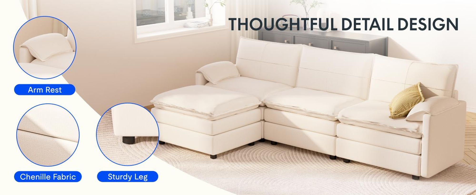 FLEXISPOT 4-Sitzer Sofa Sofabed L-förmiges Ecksofa mit Hocker, Stauraum, Modulares Sofa platzsparend für Wohnzimmer Weiß