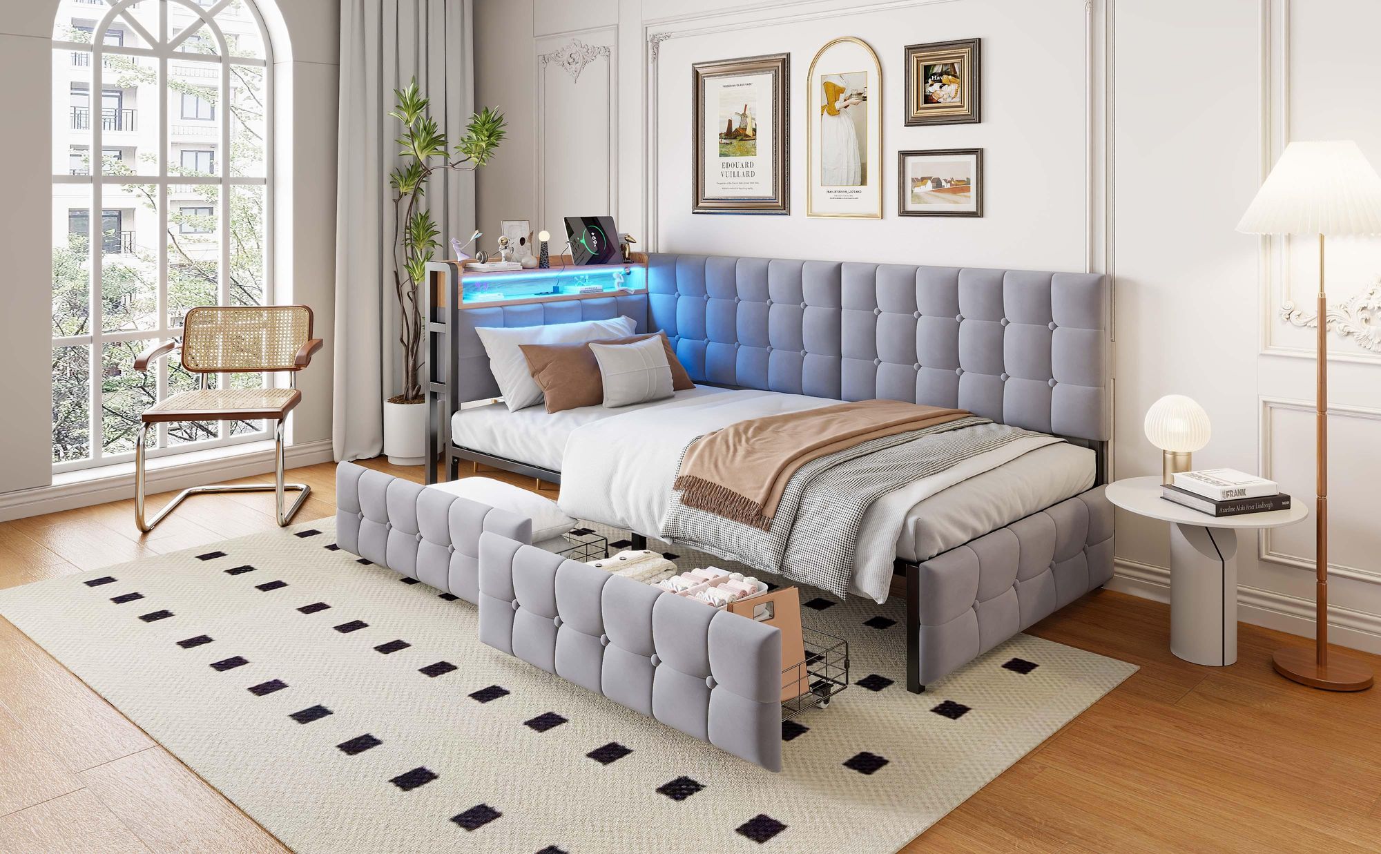 STILVORA Schlafsofa Polsterbett 90X200 mit Stauraum,Tagesbett Jugendbett mit LED-Nachttischlampe und USB/Typ-C-Anschluss,Bettgetsell ohne matratze
