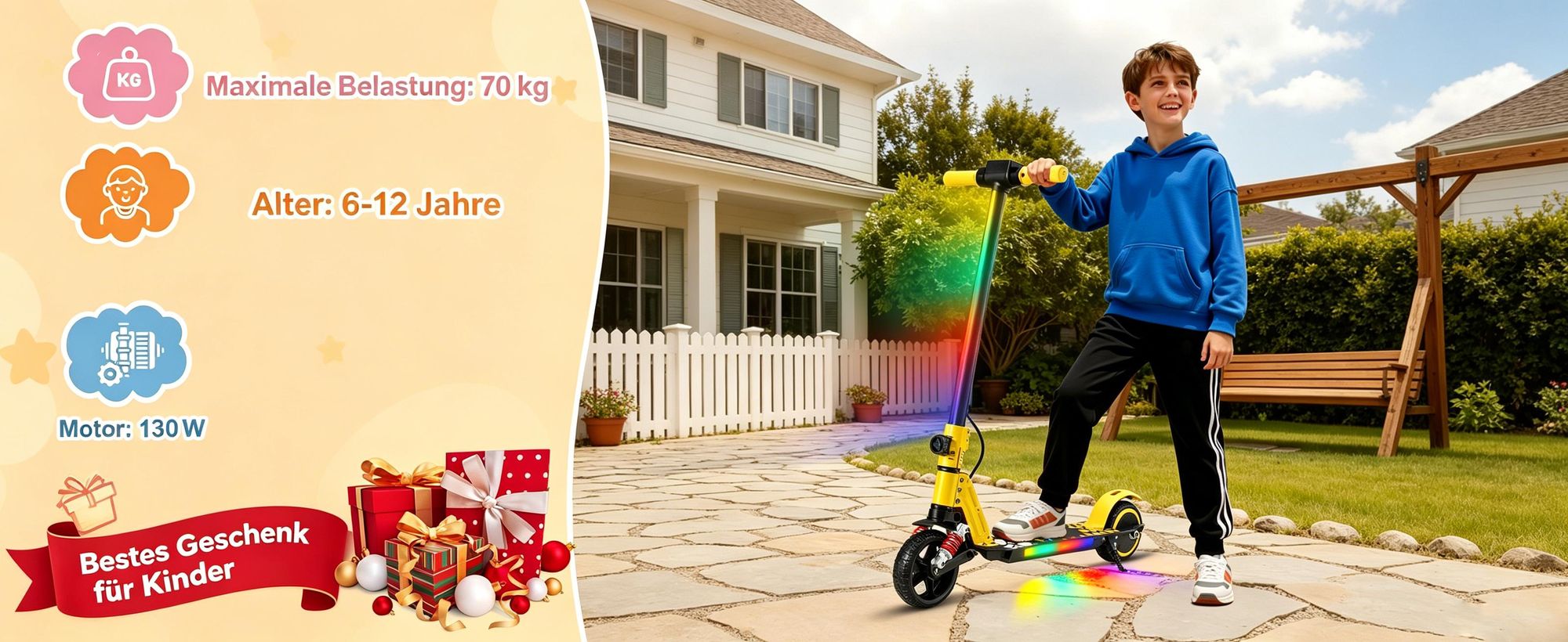 KXQ-EPRO Elektroscooter Kinder Klappbar Elektroroller Gelb Kinderroller Für Kinder und Jugendliche 130W Motor,14 km/h,5-8 km Reichweite E-Scooter