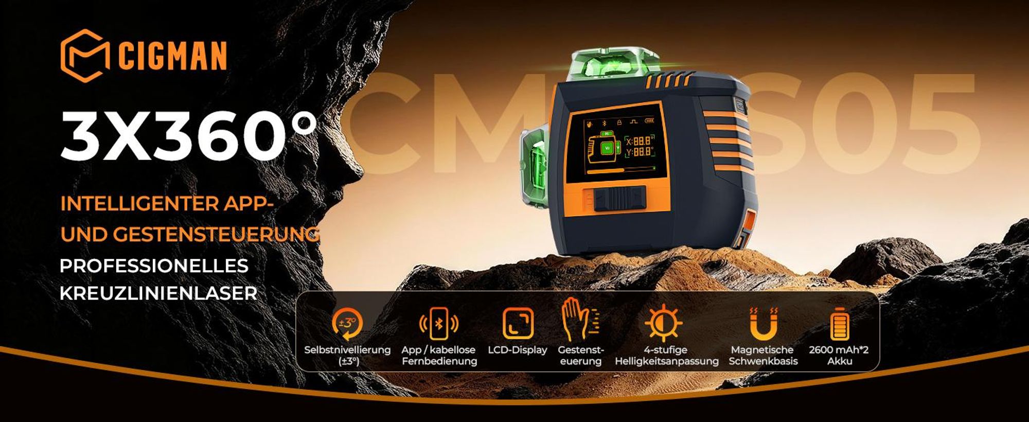 CIGMAN CM-S05 Kreuzlinienlaser 3x360 Grad, Gestensteuerung, App-Anbindung, LCD-Display
