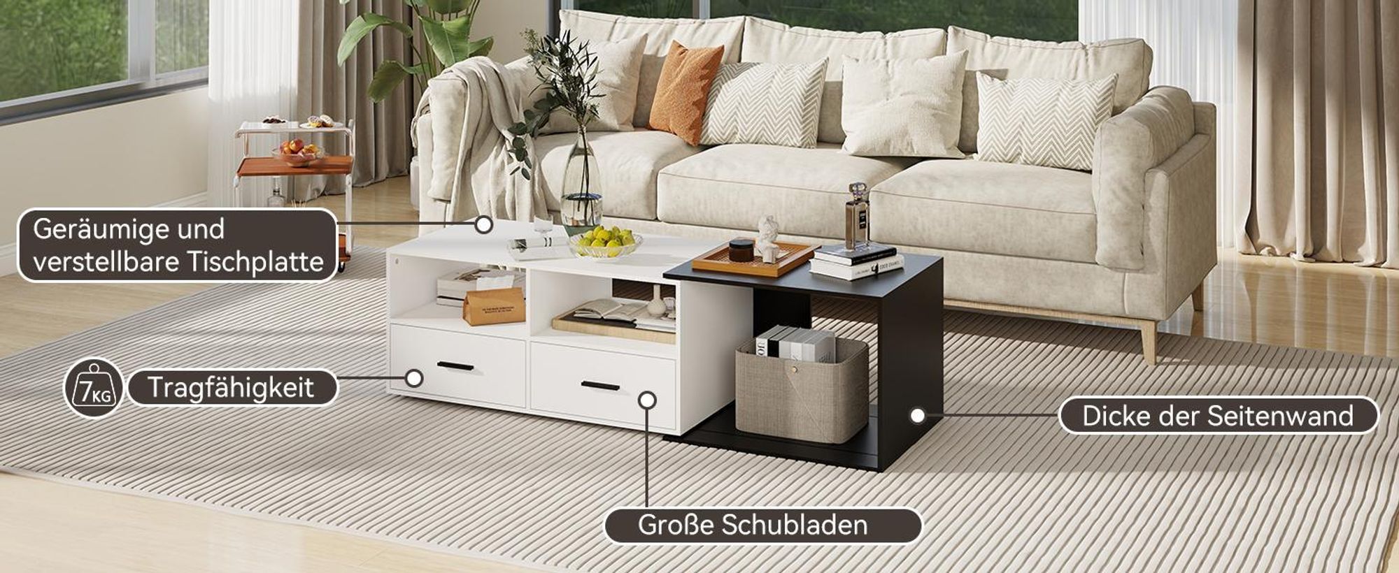 Puluomis Ausziehbarer Couchtisch mit Schublade, Kaffeetisch mit Farbblock Design und Rollen Schreibtisch Sofatisch für Wohnzimmer schwarz weiß