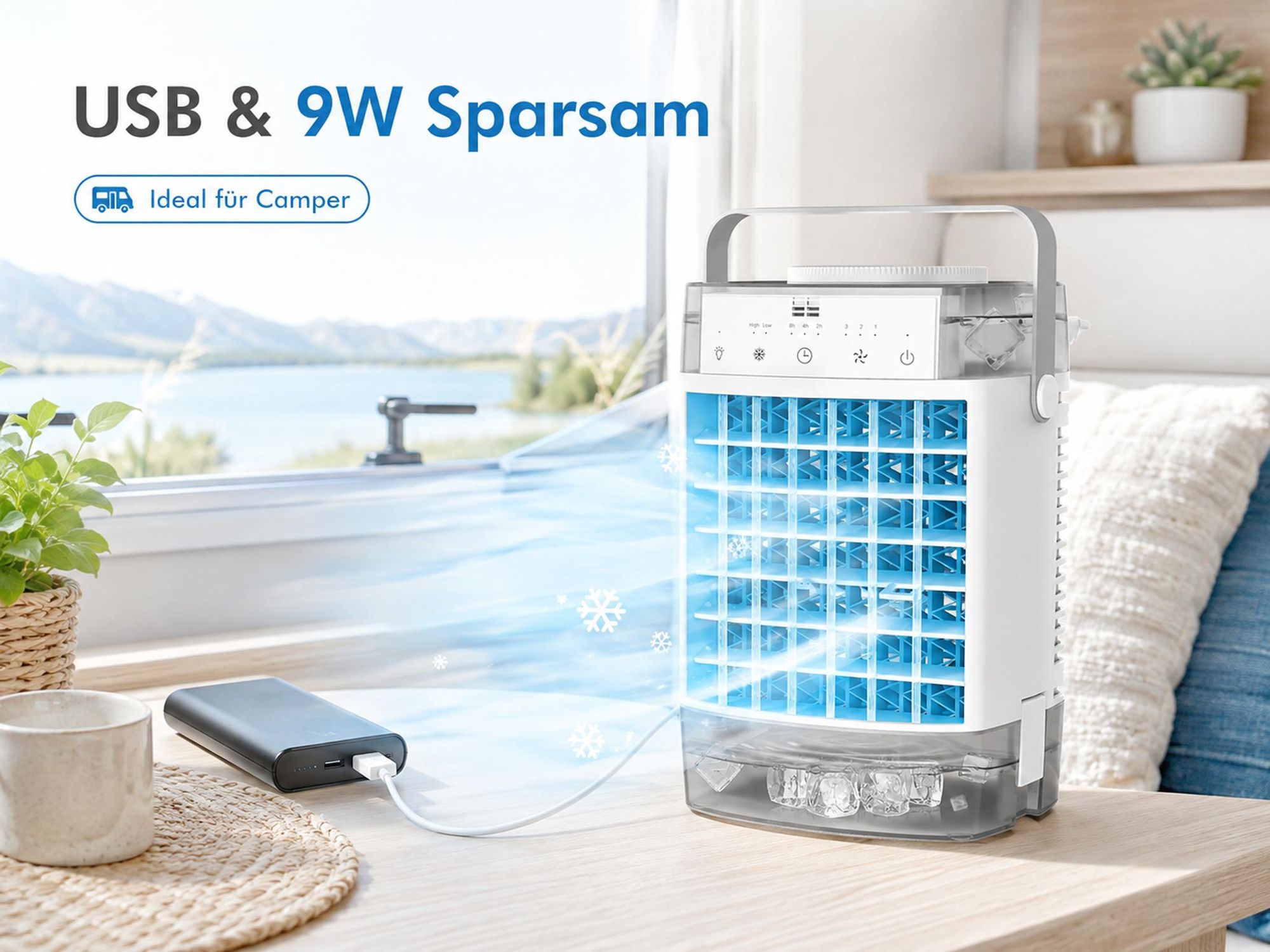 Mini Klimaanlage 4 in 1,Klimagerät Tragbar Leise,Ventilator mit Wasserkühlung 2 Modi 3 Geschwindigkeiten Timer RGB-Licht für Zimmer Camping,Grau