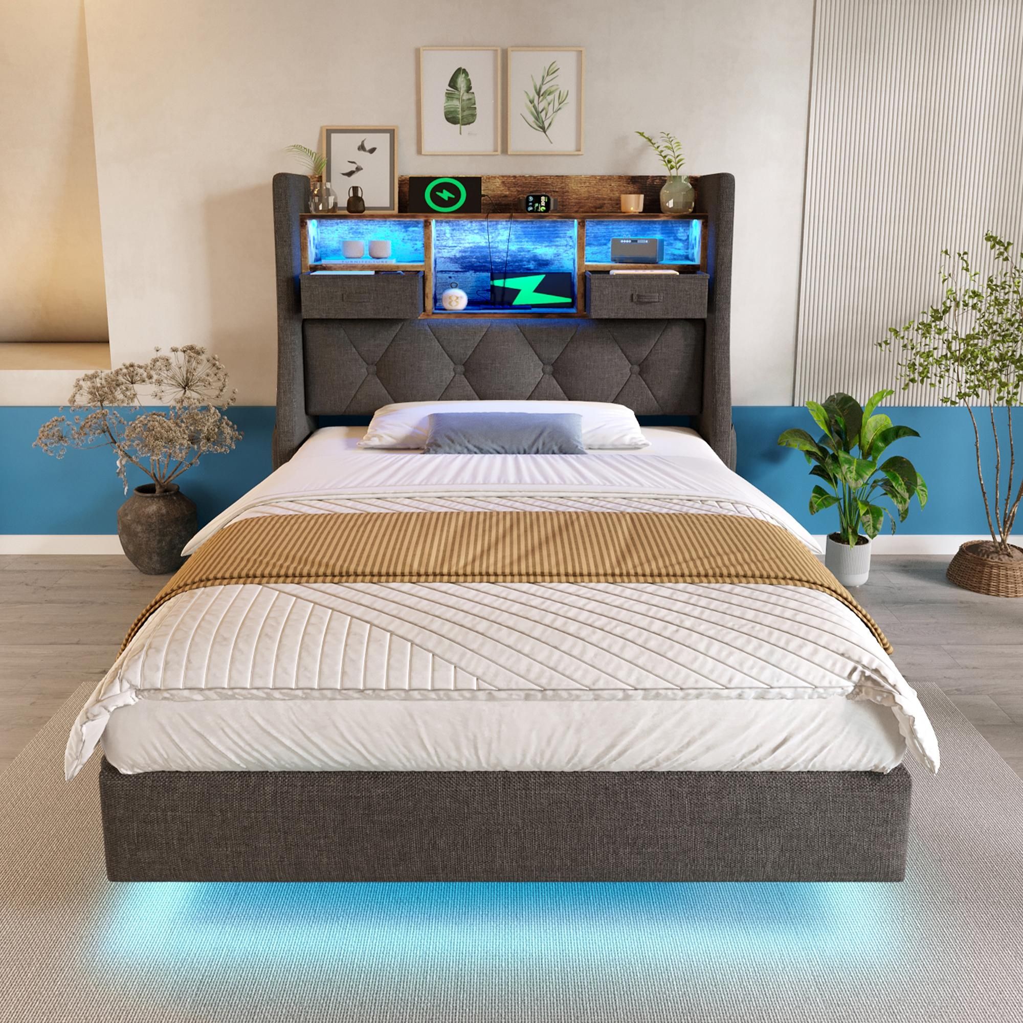 Flieks Polsterbett 90x200cm mit USb & Type-c, Einzelbett Jugendbett mit Led, Holzbett Stauraumbett mit Ablagen und Schubladen, Leinen, Grau