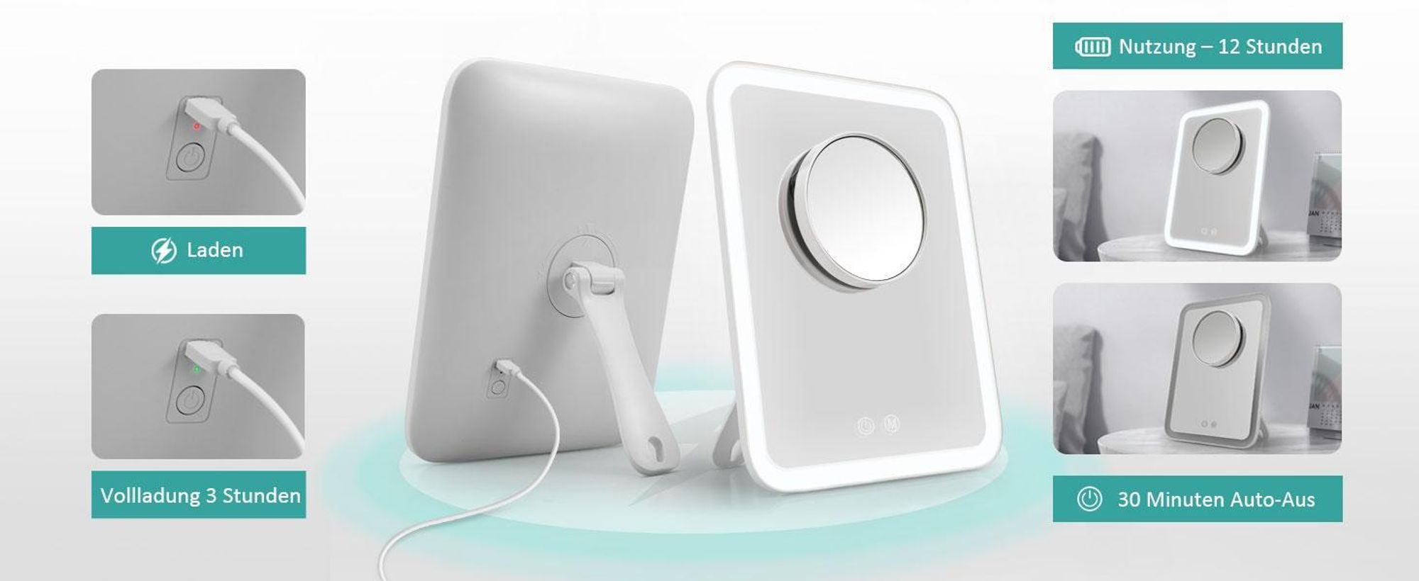 EMKE LED Kosmetikspiegel 181x232mm Weiß Schminkspiegel mit Saugnapf und 3 Fach Vergrößerungsspiegel