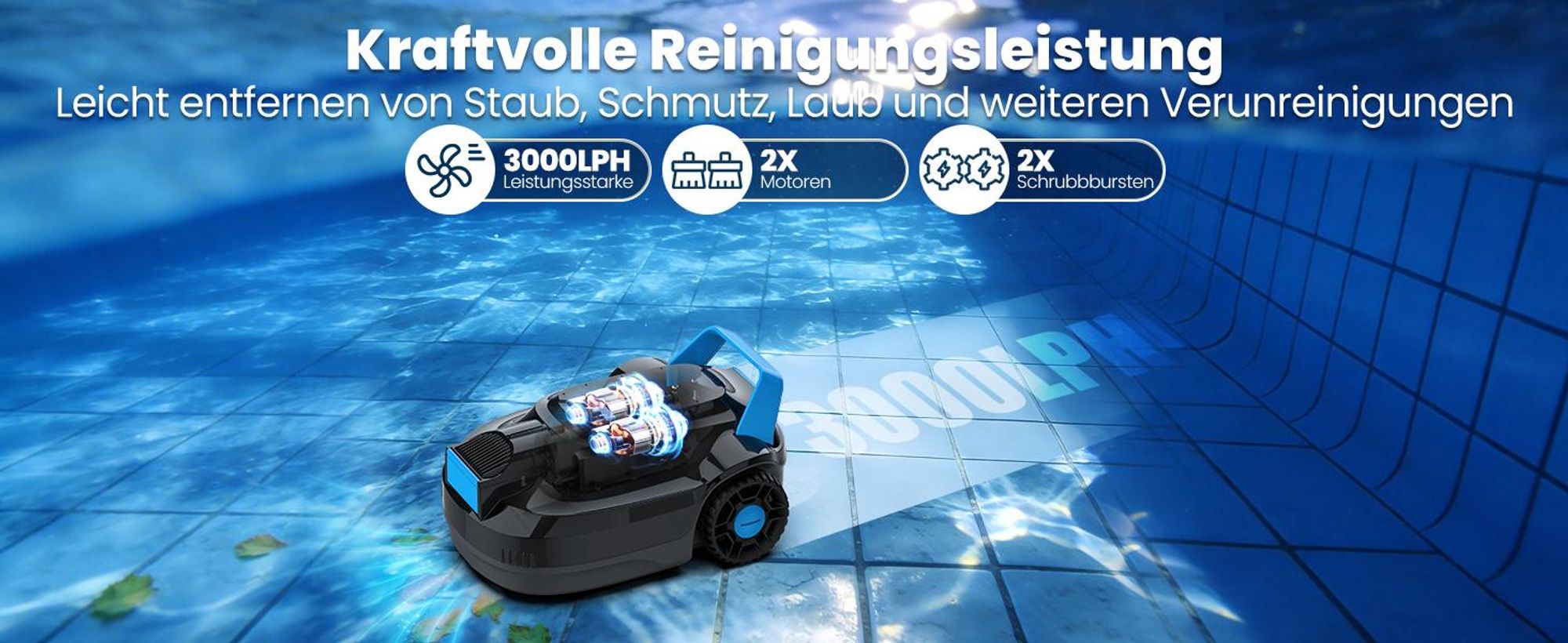 AIRROBO CP02 Poolroboter, 3000LPH Leistungsstarke, 120min Laufzeit, Selbsteinparkfunktion