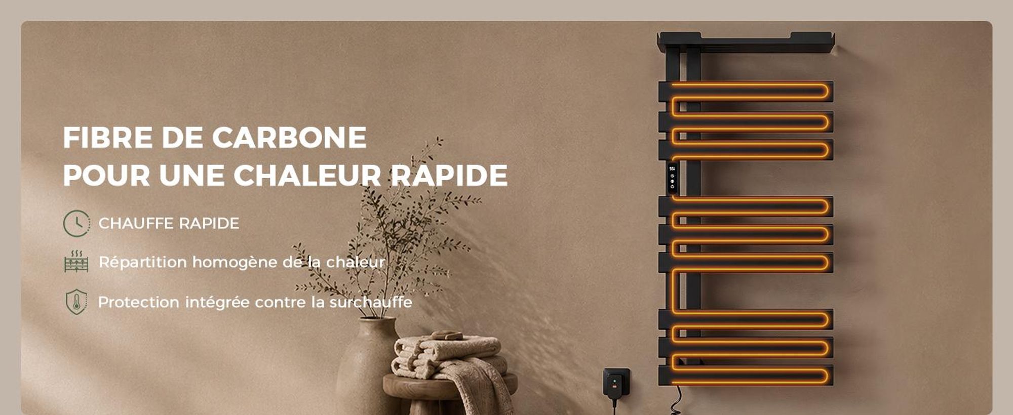 S'AFIELINA Sèche-serviettes électrique avec étagère  1050×500 mm 335 W Noir,Radiateur sèche-serviettes connecté WiFi, chauffage en fibre de carbone