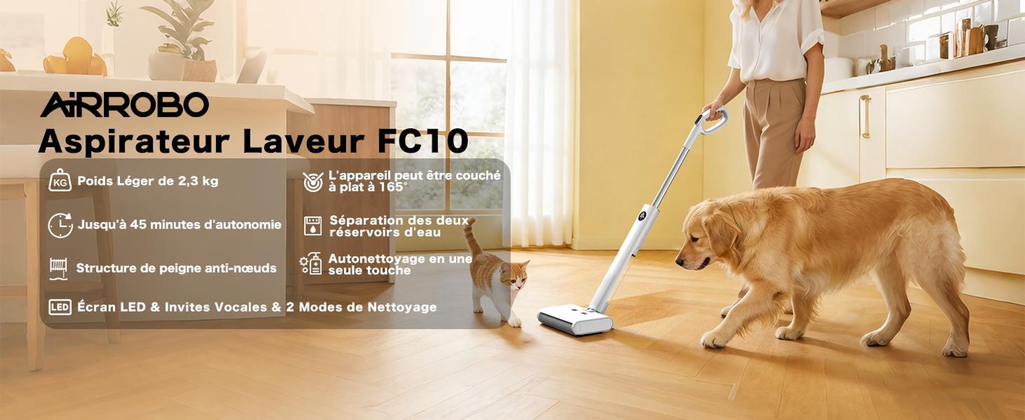 AIRROBO FC10 : balai à franges électrique, balai à franges sans fil, autonettoyant, réservoir d'eau de 540 ml, autonomie de 45 minutes, pour sols durs, poils d'animaux