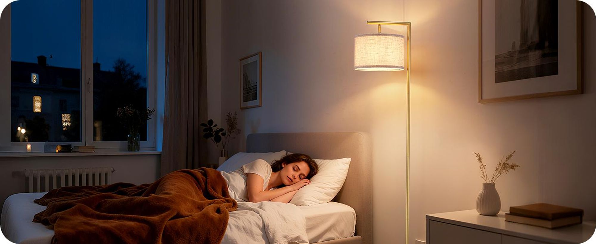 EDISHINE Stehlampe Wohnzimmer Gold, Bogenlampe mit Verstellem Leinen Lampenschirm, Leselampe mit E27 LED Leuchtmittel und Fußschalter, 160cm