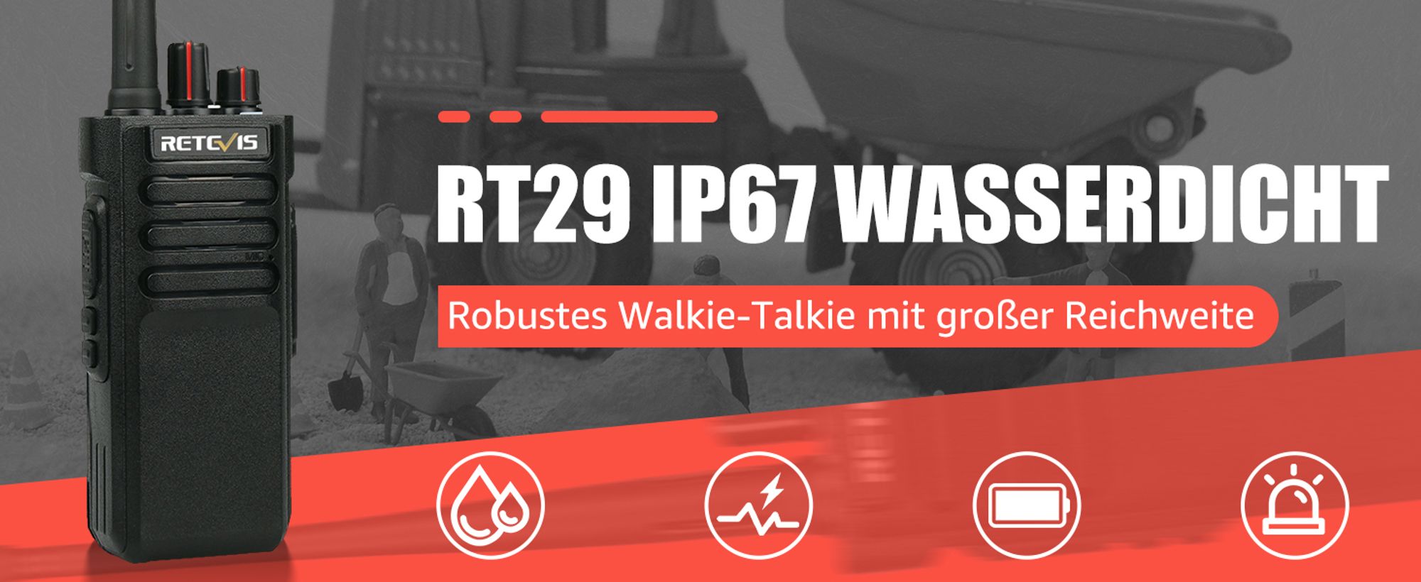 Retevis RT29 Walkie Talkie Großer Reichweite, 8W, 3200mAh Akku wiederaufladbar, IP67 wasserdicht, mit für Funkamateure, Outdoor-Aktivitäten, Logistik