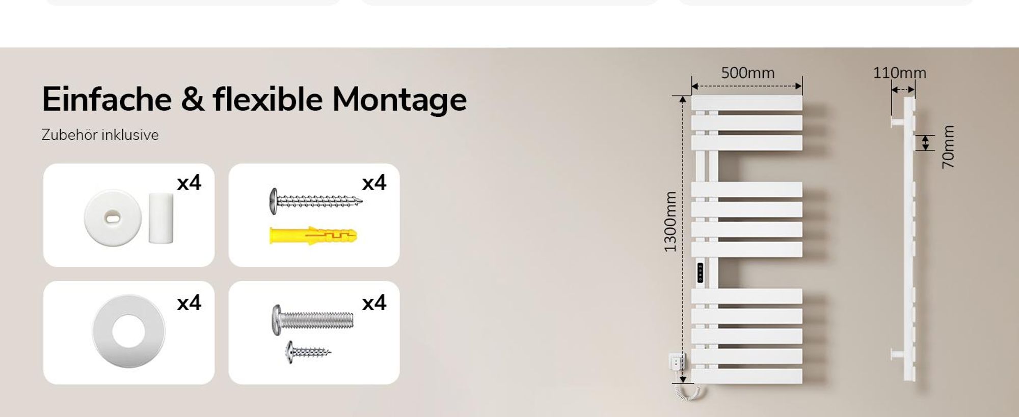 EMKE Elektrischer Handtuchheizkörper, WiFi APP Steuerung LED Touchscreen mit Timer, Handtuchtrockner 130x50cm 440W Weiß