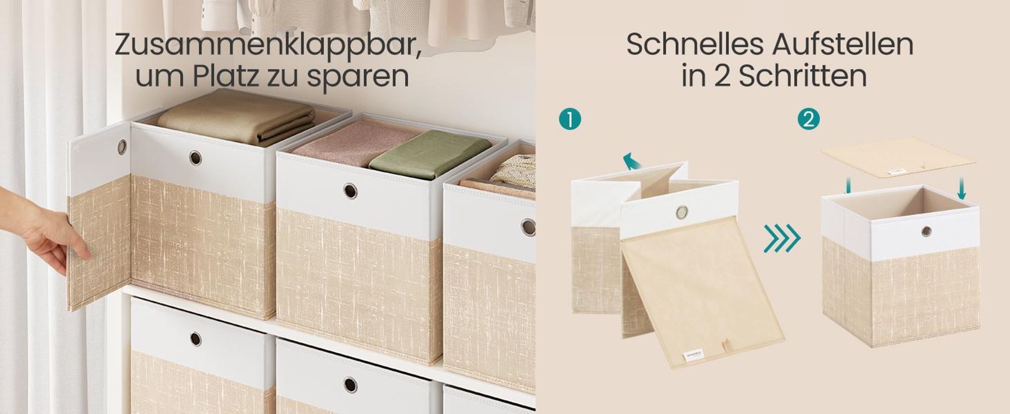 SONGMICS Aufbewahrungskörbe, 6er Set, faltbare Stoffboxen mit PP-Platten, für Regal, 33 x 33 x 33 cm, weiß-beige