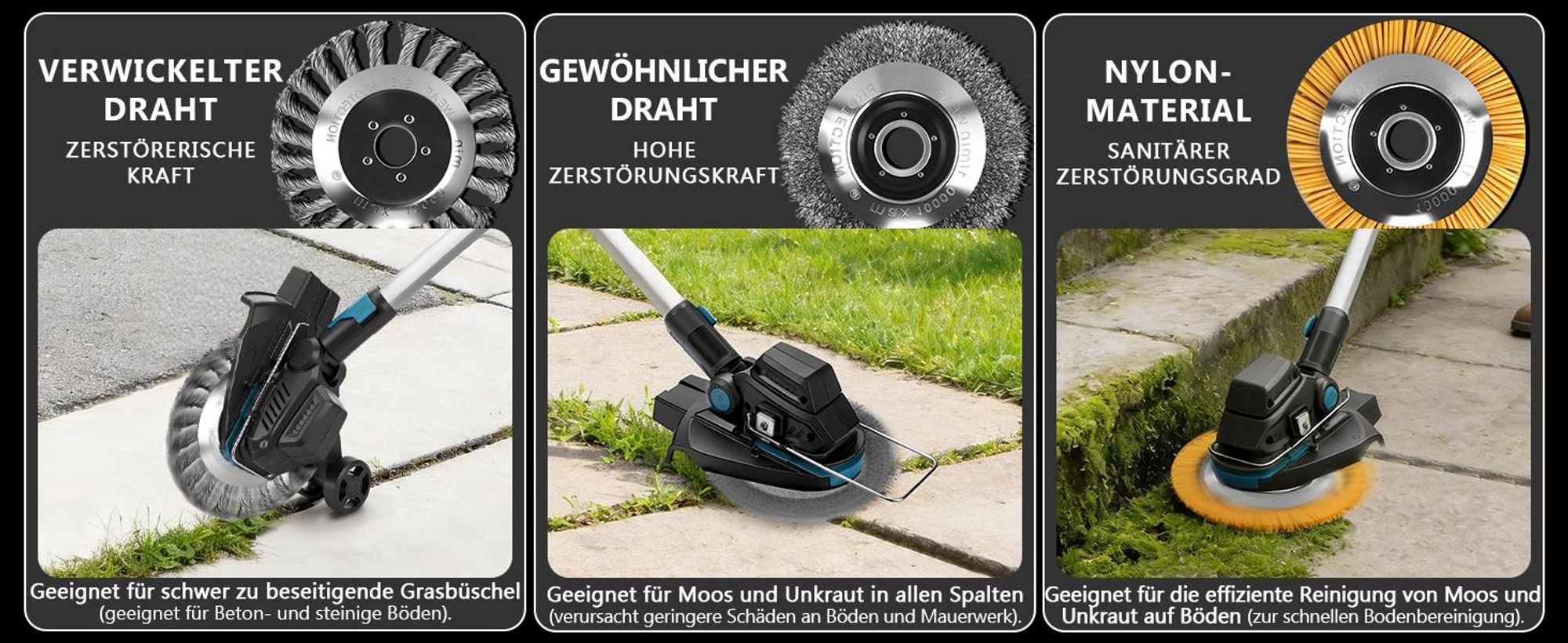 1200W Akku Rasentrimmer Bürstenloser mit 2×4.0Ah Akku 18V, 16800 RPM mit 7 Klingentypen, 90°/100-140cm Einstellbar, für Makita 18V, Freischneider