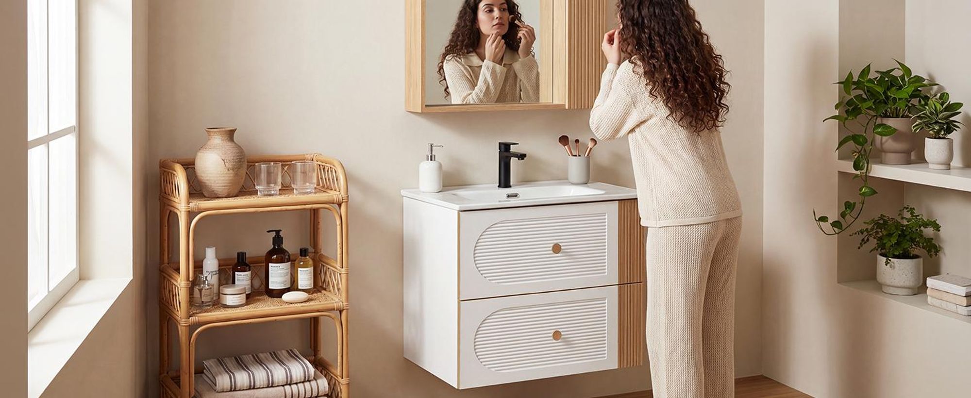 Waschtisch Waschtischunterschrank mit Keramik waschbecken 60 cm, Weiß, Wandmontiert, 2 Schubladen, Helles Eichenholz-Optik