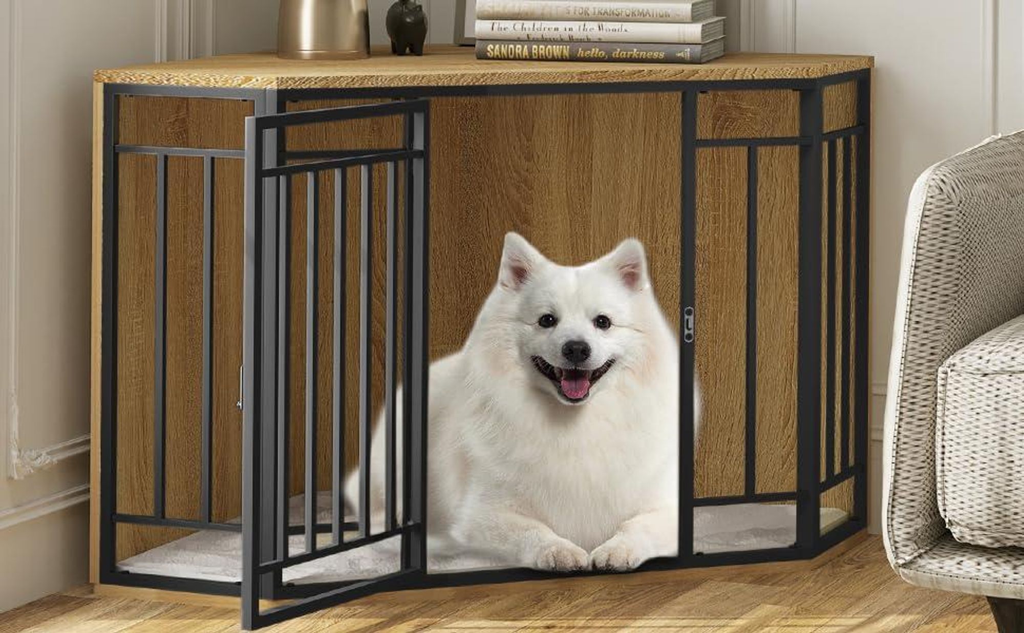 EUGAD Ecke-Hundekäfig mit Tür für Zuhause, Helle Eiche + Schwarz 111x67x60 cm