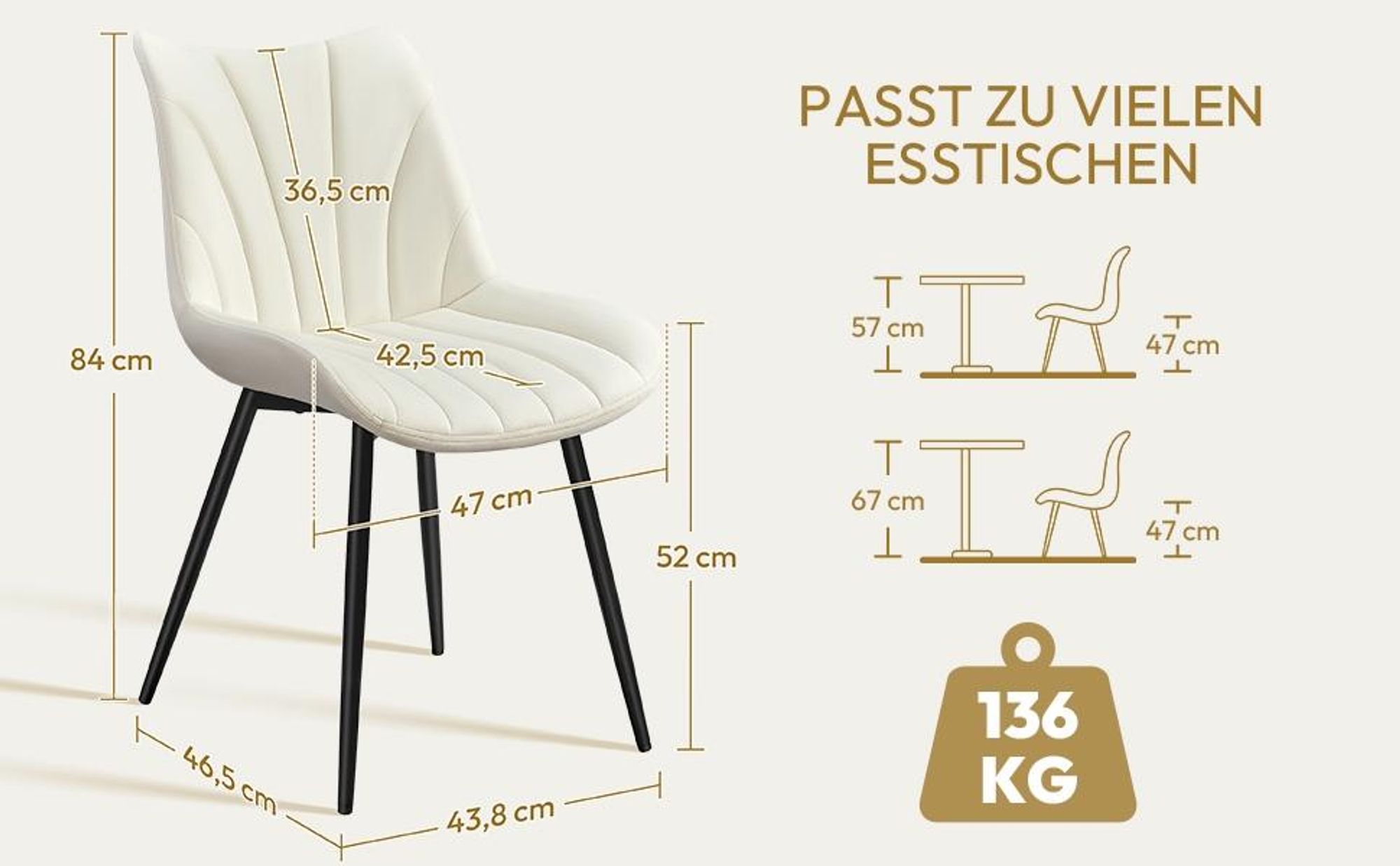 Yaheetech Moderne Esszimmerstühle, 2er Set, mit Metallbeinen, Designer-Stuhl, Beige