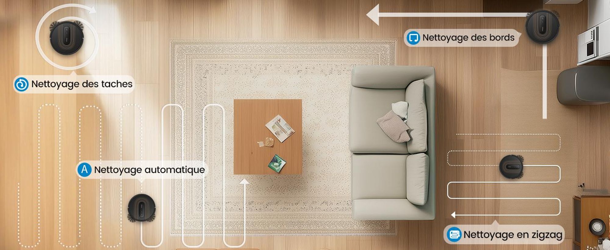 Robot aspirateur AIRROBO G50, puissance d'aspiration de 4 000 Pa,via application, autonomie de 120 minutes, grand bac à poussière de 600 ml, robot aspirateur optimisé pour les tapis et les poils d'animaux