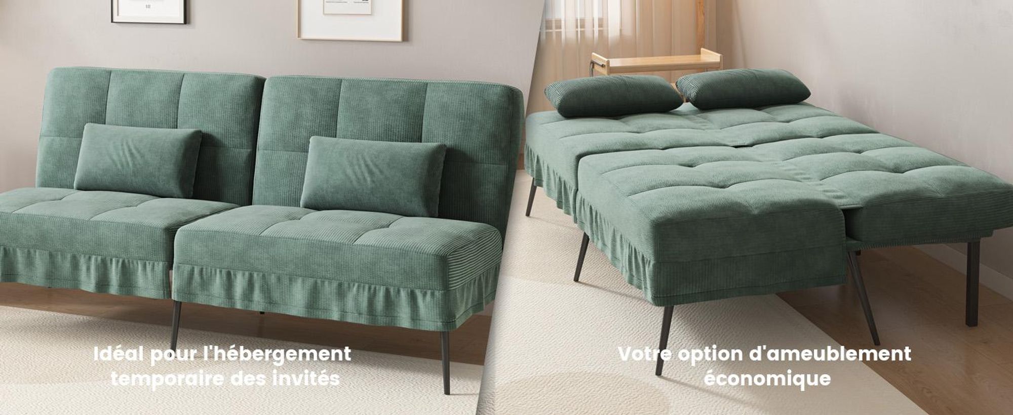 COMHOMA Canapé convertible avec fonction sommeil, canapé pliant, canapé-lit, canapé d'angle, canapé-lit, canapé 3 places, avec dossier réglable en tissu velours côtelé