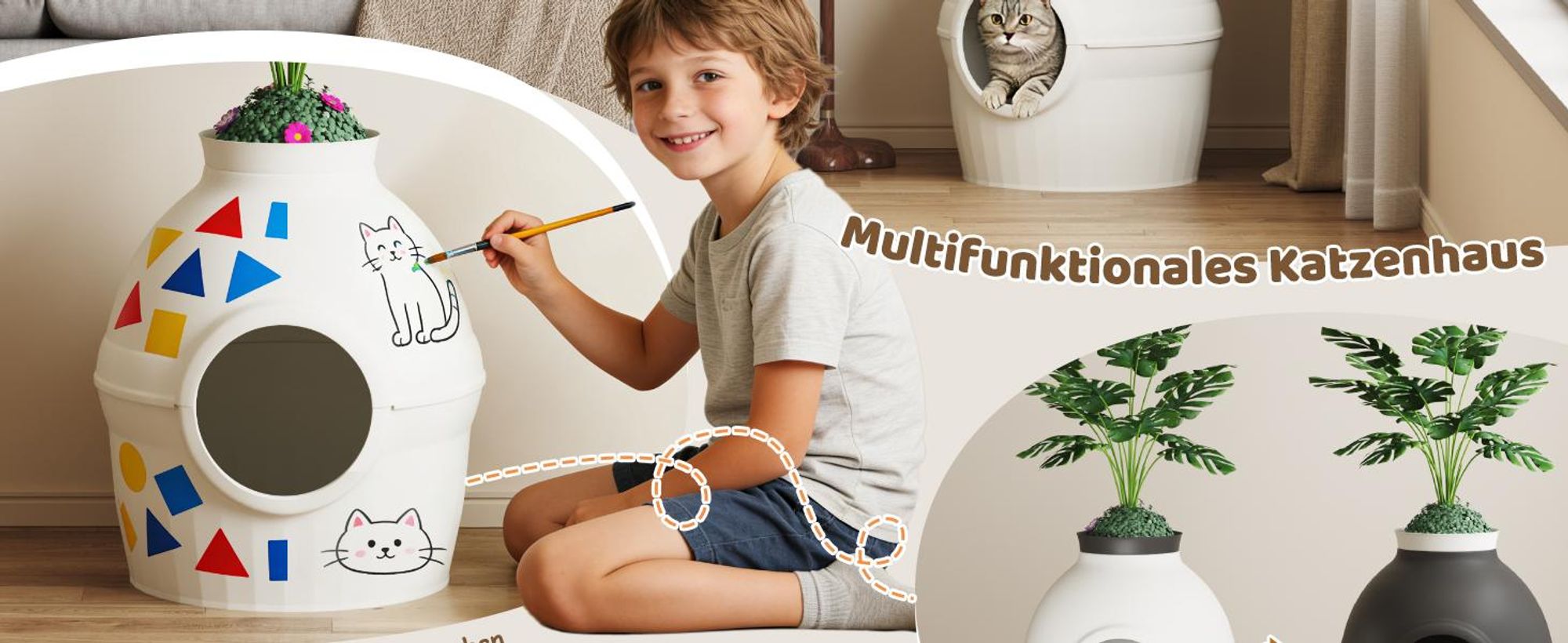Mondeer 2-in-1 Katzentoilette & Schlafhöhle mit Deko-Pflanze, individuell gestaltbar, belüftet – inkl. Katzenangel und Schaufel Weiß