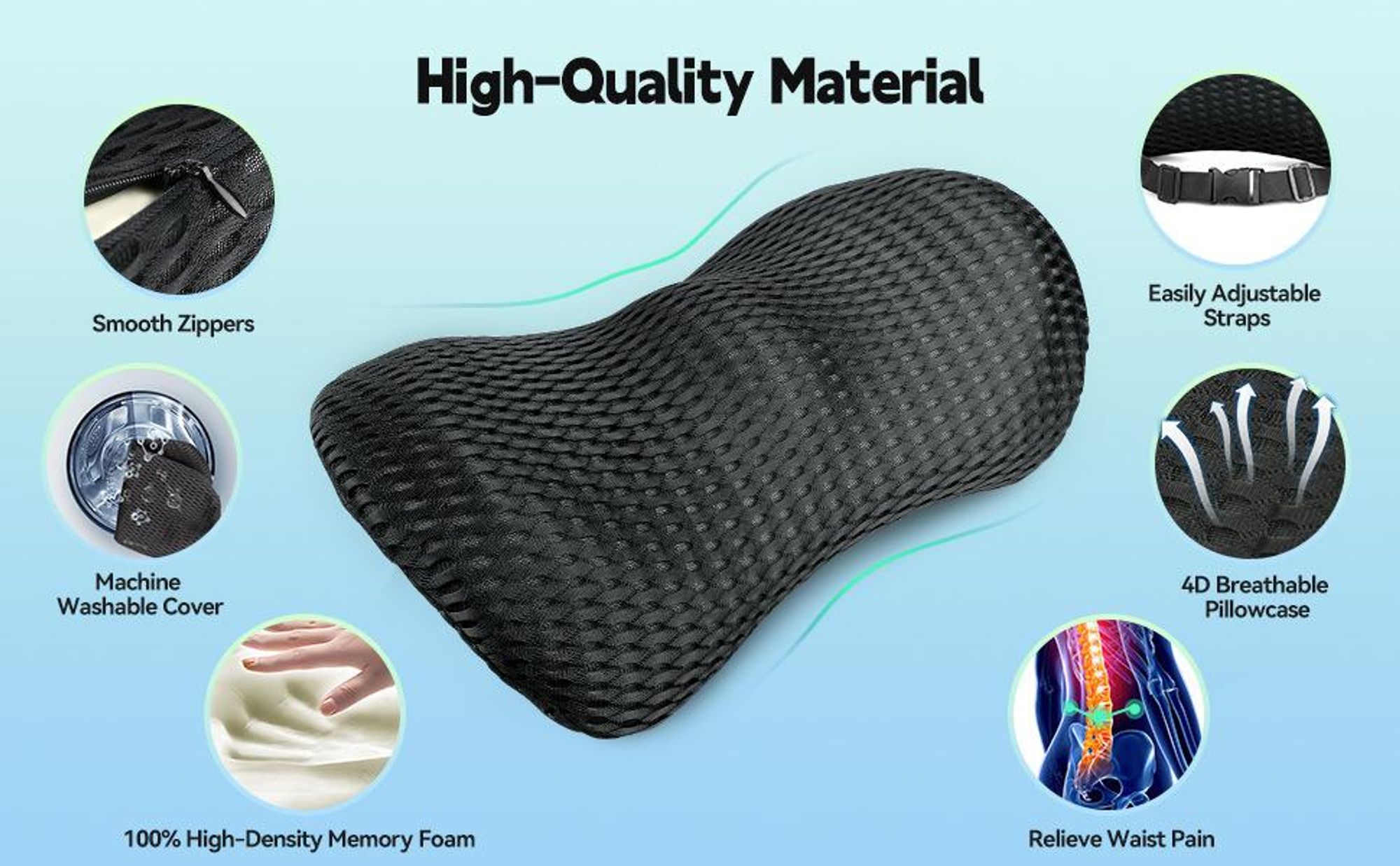 Orthopädisches Lendenkissen aus Memory Foam, Rückenkissen, Lendenwirbelkissen, Ergonomisches Design, mit Befestigungsgurt, für Bett, Auto, Bürostuhl