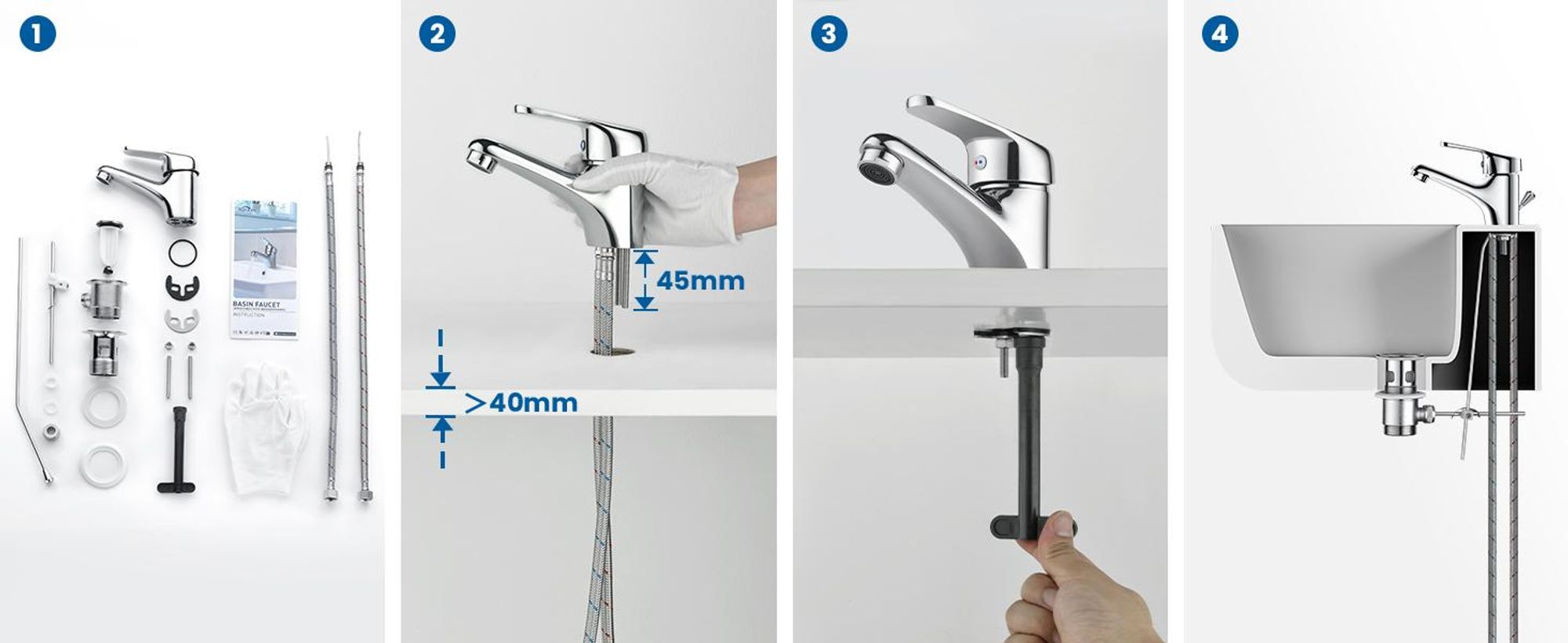 Auralum Wasserhahn Bad mit Zugstange, Einhebel-Waschtischarmatur mit Ablaufgarnitur, Waschbecken Armatur Badarmatur Einhandmischer Waschtischmischer für Badezimmer, Chrom