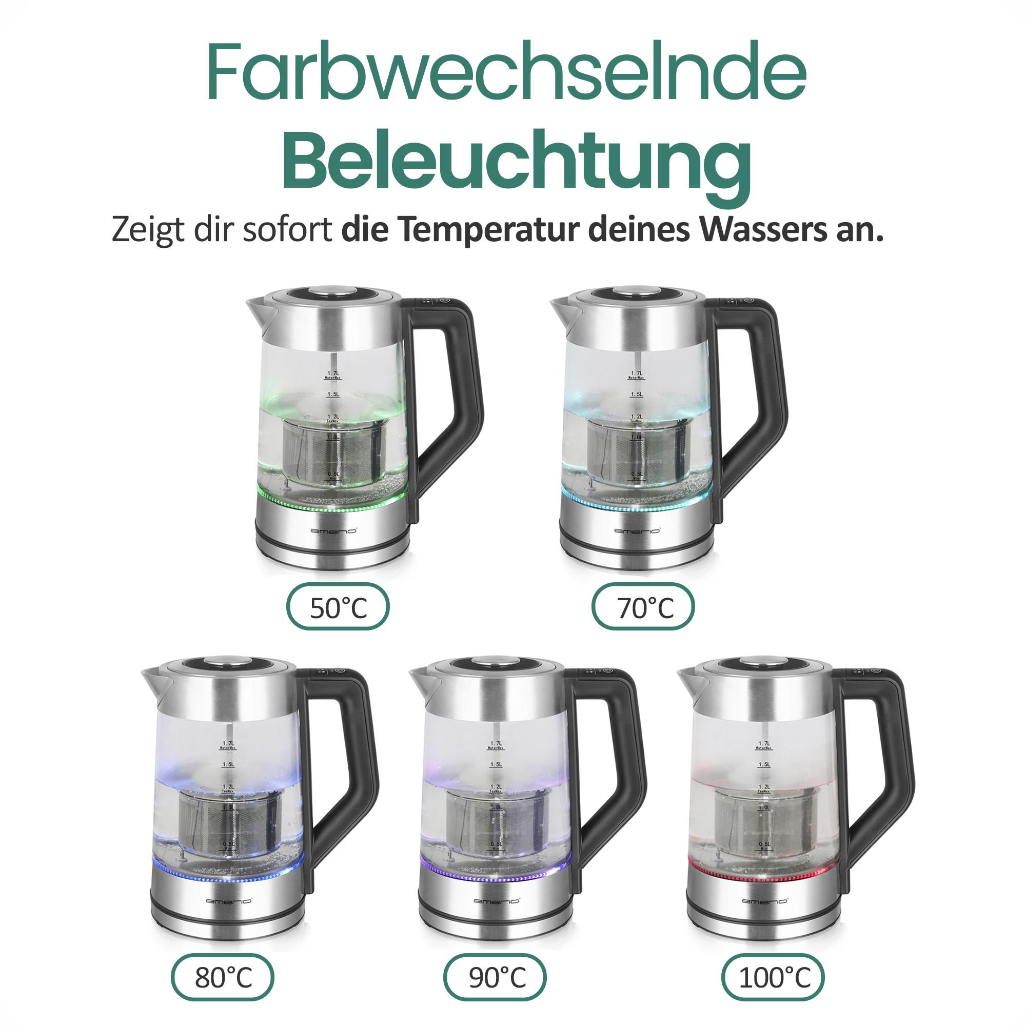 Emerio Wasserkocher mit Temperaturregelung 1,7 Liter – LED-Beleuchtung – Überhitzungsschutz – Wasserstandsanzeige – 2200W - WK-122730 - Edelstahl/Glas
