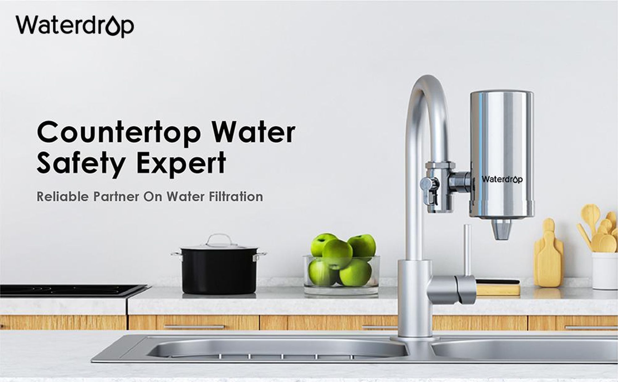Waterdrop WD-FC-06 Wasserhahn aus Rostfreiem Stahl, Kohleblock Wasserfiltersystem, Leitungswasserfilter, Entfernt Chlor (4 Filter Enthalten)