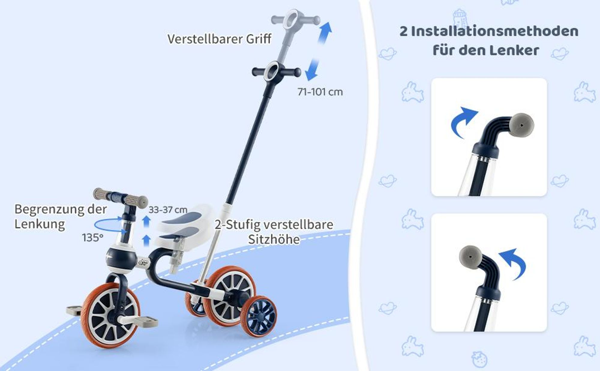 COSTWAY 4 in 1 Kinder Dreirad, Laufrad mit höhenverstellbarer Schiebegriff&Sitz, abnehmbaren Pedalen, Balance Bike, Laufräder für Kinder 2-4 Pink