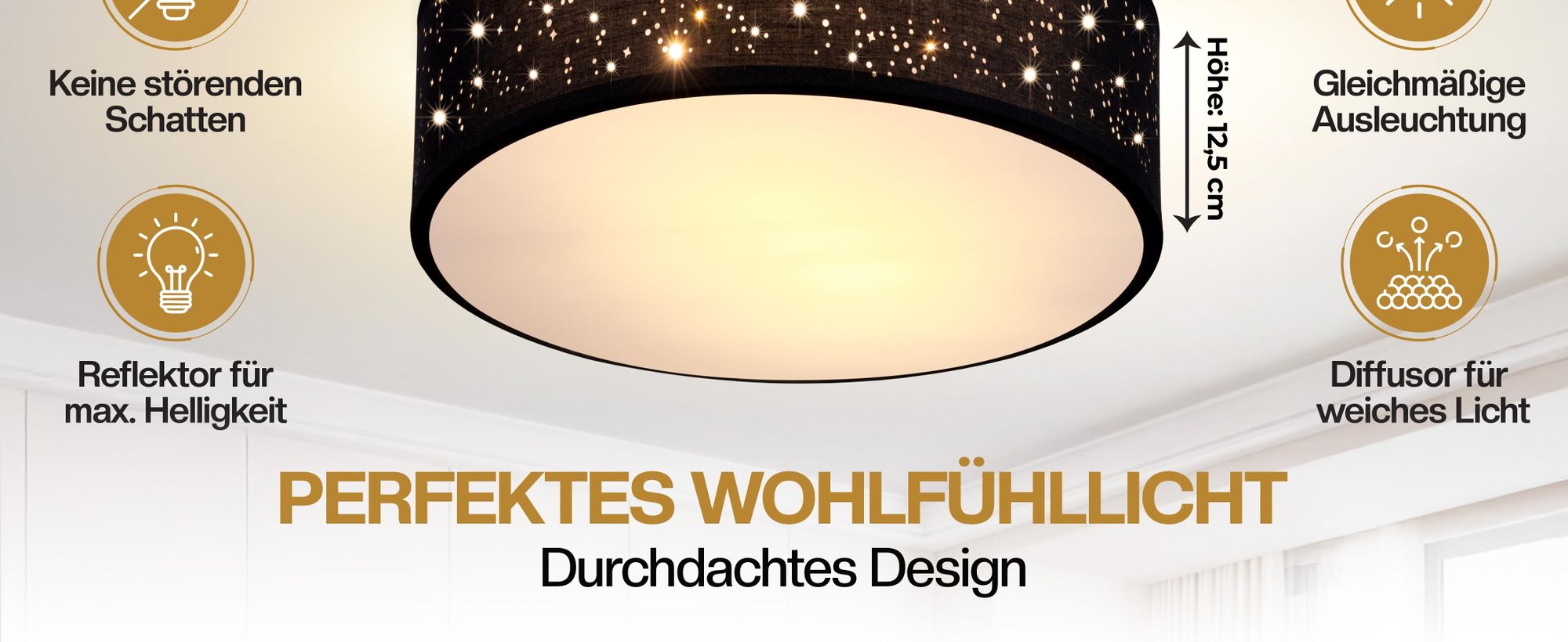 MONZANA® Deckenlampe Sternenhimmel Wohnzimmer Schlafzimmer E27 Schwarz Rund 38cm Stoffschirm 2-Flammig 40W Küche Lampe Deckenleuchte Stoffdeckenlampe