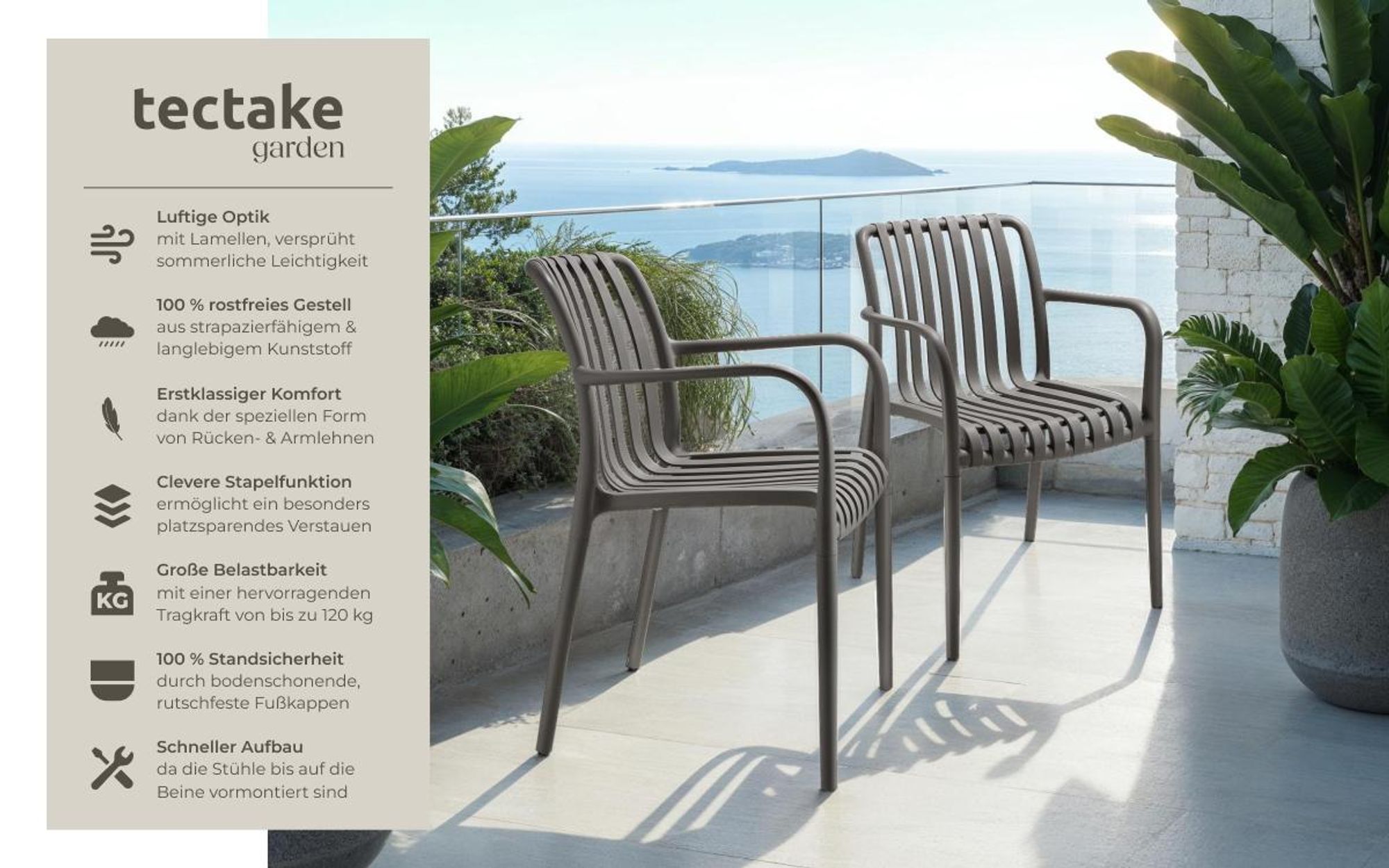 tectake® Gartenstühle Alcudia, wetterfest, stapelbar