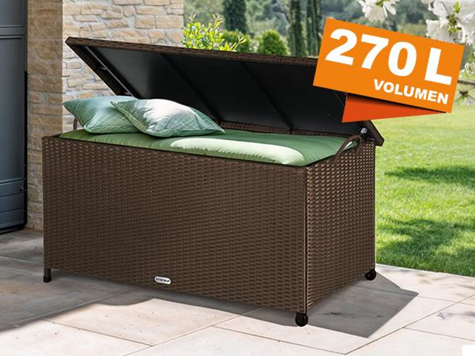 CASARIA® Gartenbox Auflagenbox mit Rollen 270L Stauraum UV-beständig Handgriffe Gasdruckfeder Wetterfest 117x53cm Garten Balkon Aufbewahrungsbox Braun