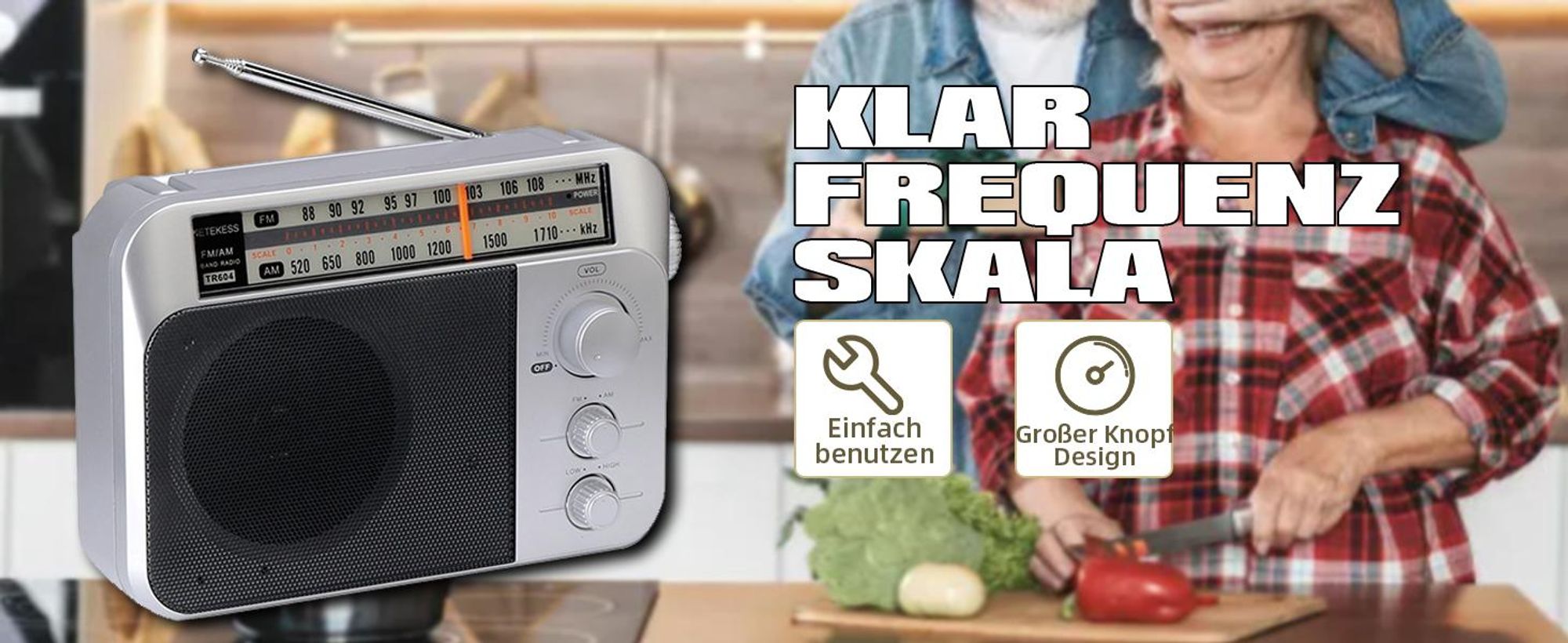 Retekess TR604 Tragbares Radio,AM FM Radio,Großer Knopf,Netzkabel oder Batteriebetrieb,Großer Lautsprecher Einstellbare Höhen Bässe Radio für Senioren