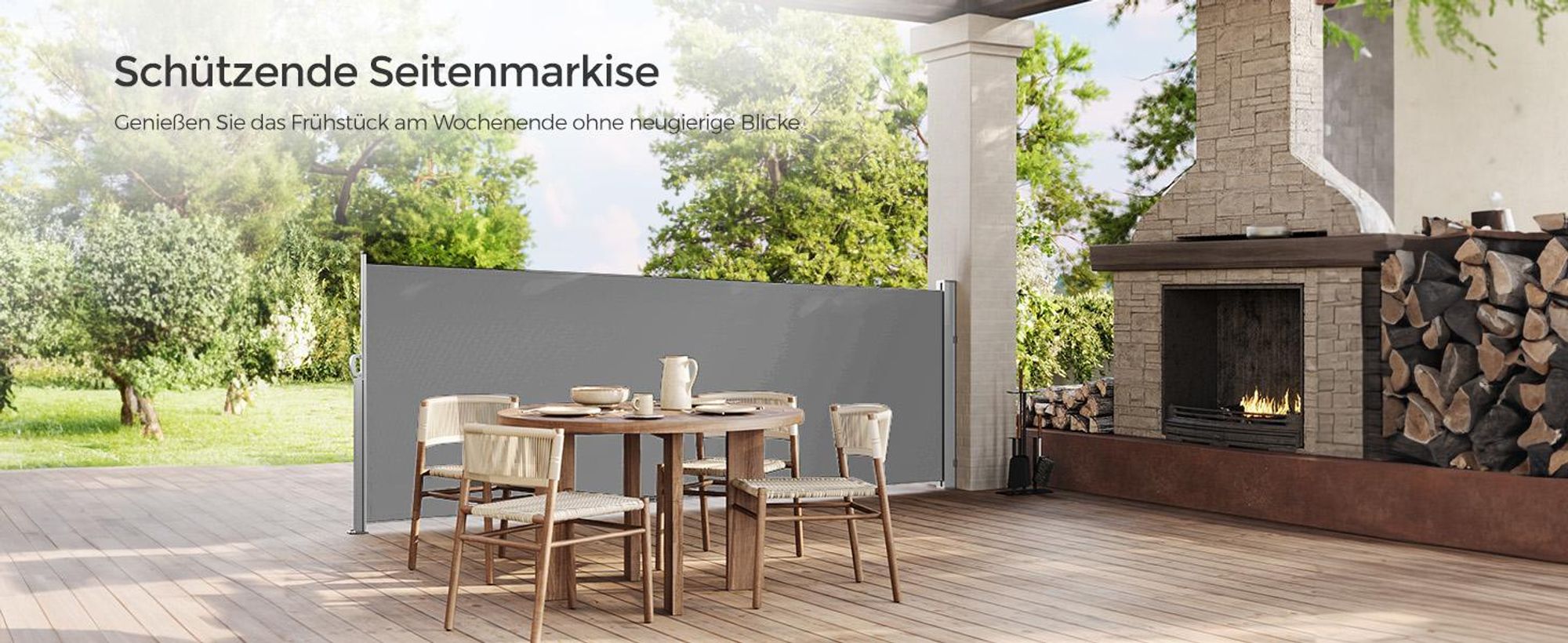 SONGMICS Seitenmarkise mit Stahl-Kasten, rostbeständig, ausziehbar, 140 x 300 cm, Sichtschutz, Sonnenschutz