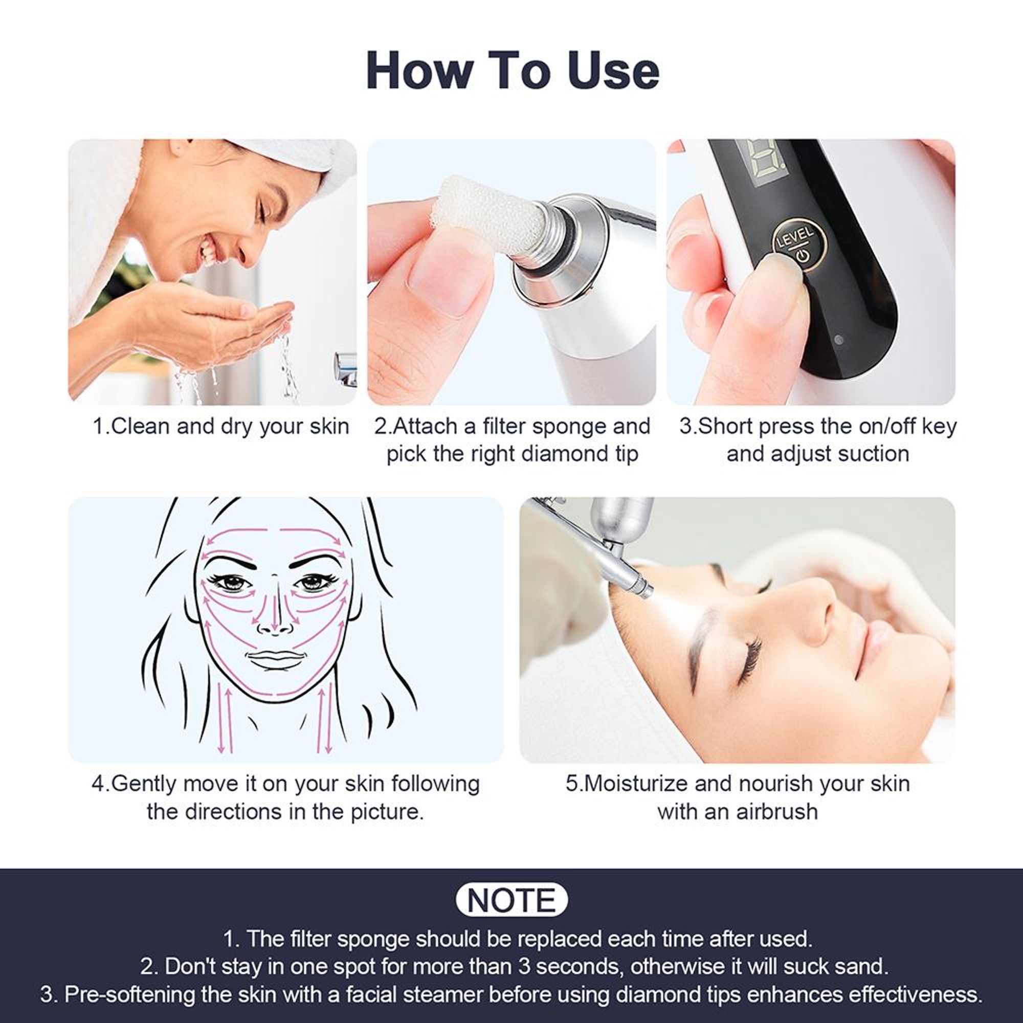 Tragbares Gerät für die Mikrodermabrasion im Gesicht – feuchtigkeitsspendendes Airbrush-Peeling, Tiefenreinigung, Vakuum-Mitesserentferner