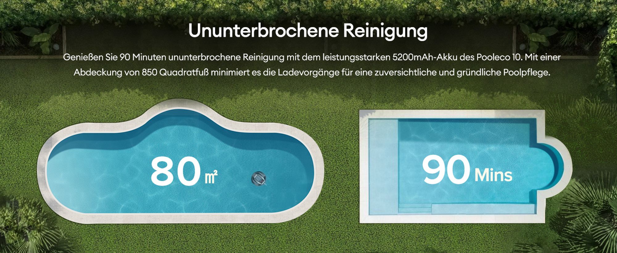 Ultenic Pooleco Poolroboter, Kabelloser Poolsauger Akku, 5200mAh, 90 Min, 2 Bürstenlose Motoren，Automatische Reinigung,2.5L Behälter,Selbstparker