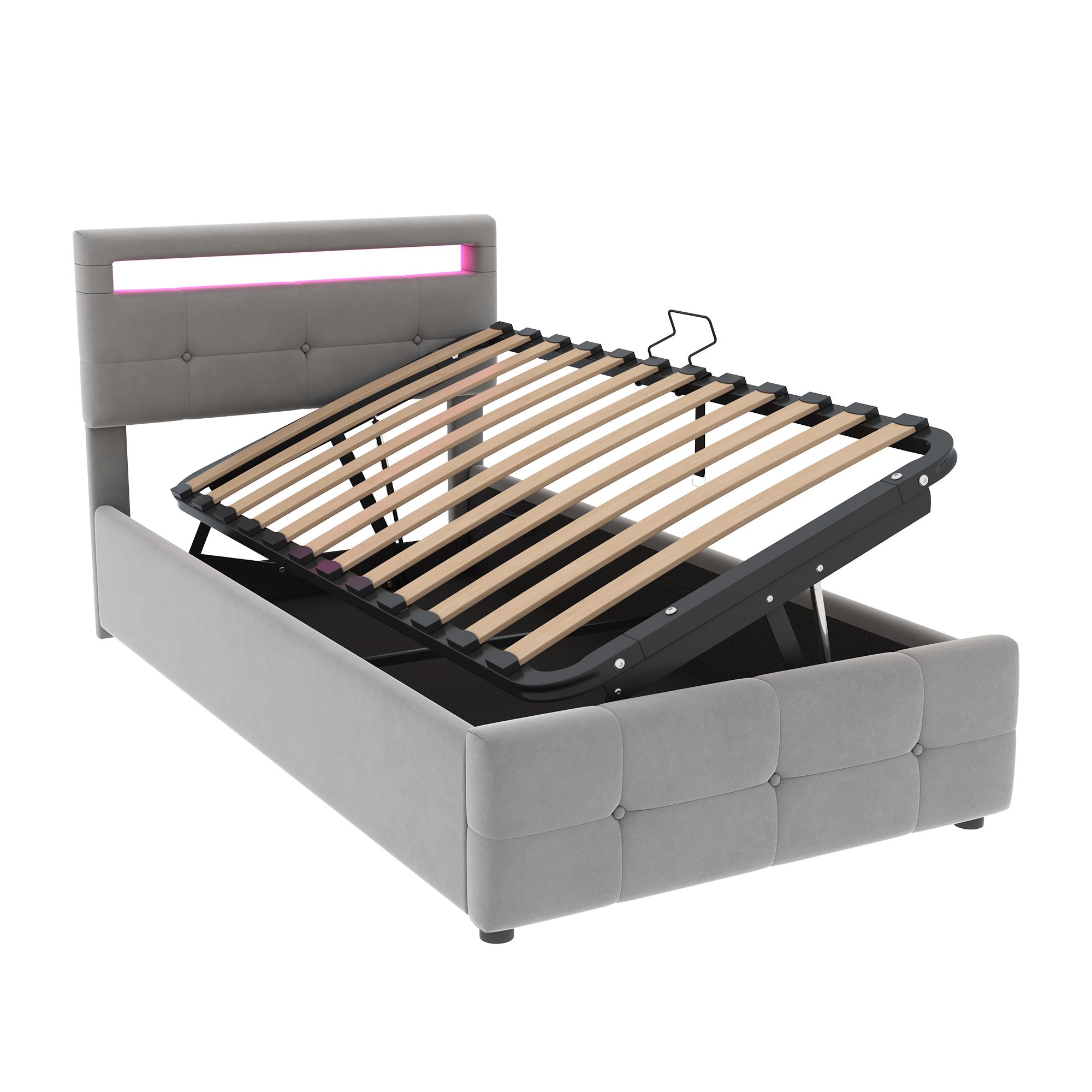 Flieks Hydraulisches Polsterbett 90x200cm mit LED, Jugendbett Einzelbett mit Lattenrost, Stauraumbett Boxspringbett höhenverstellbarem Kopfteil, Samt