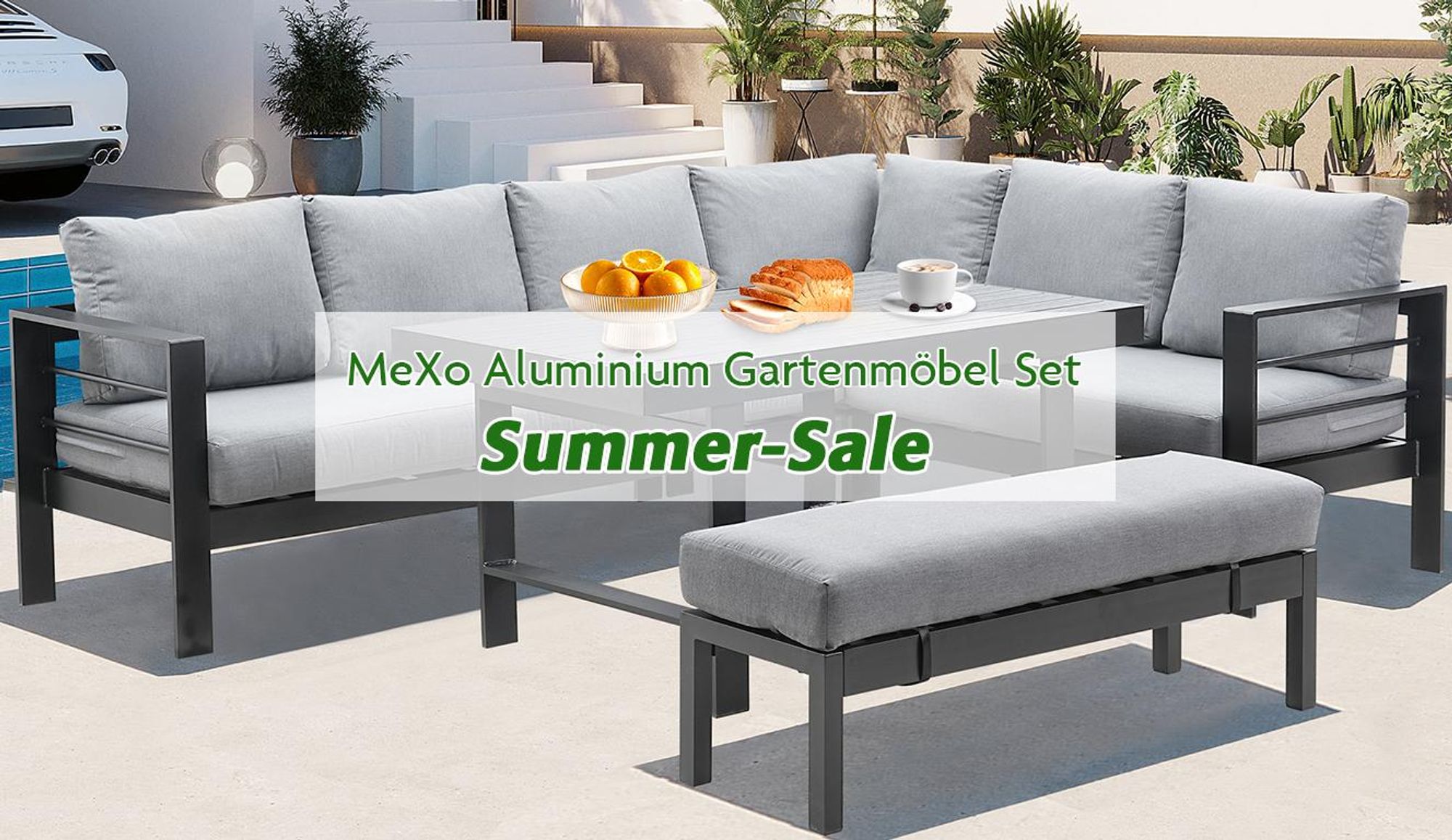 MEXO Gartenmöbel Set Aluminium 8 Personen, Modulares Gartenlounge-Set Gartensofas Ecklounge mit groß Tisch & Gartenbank, Wetterfest Outdoor-Loungesofa