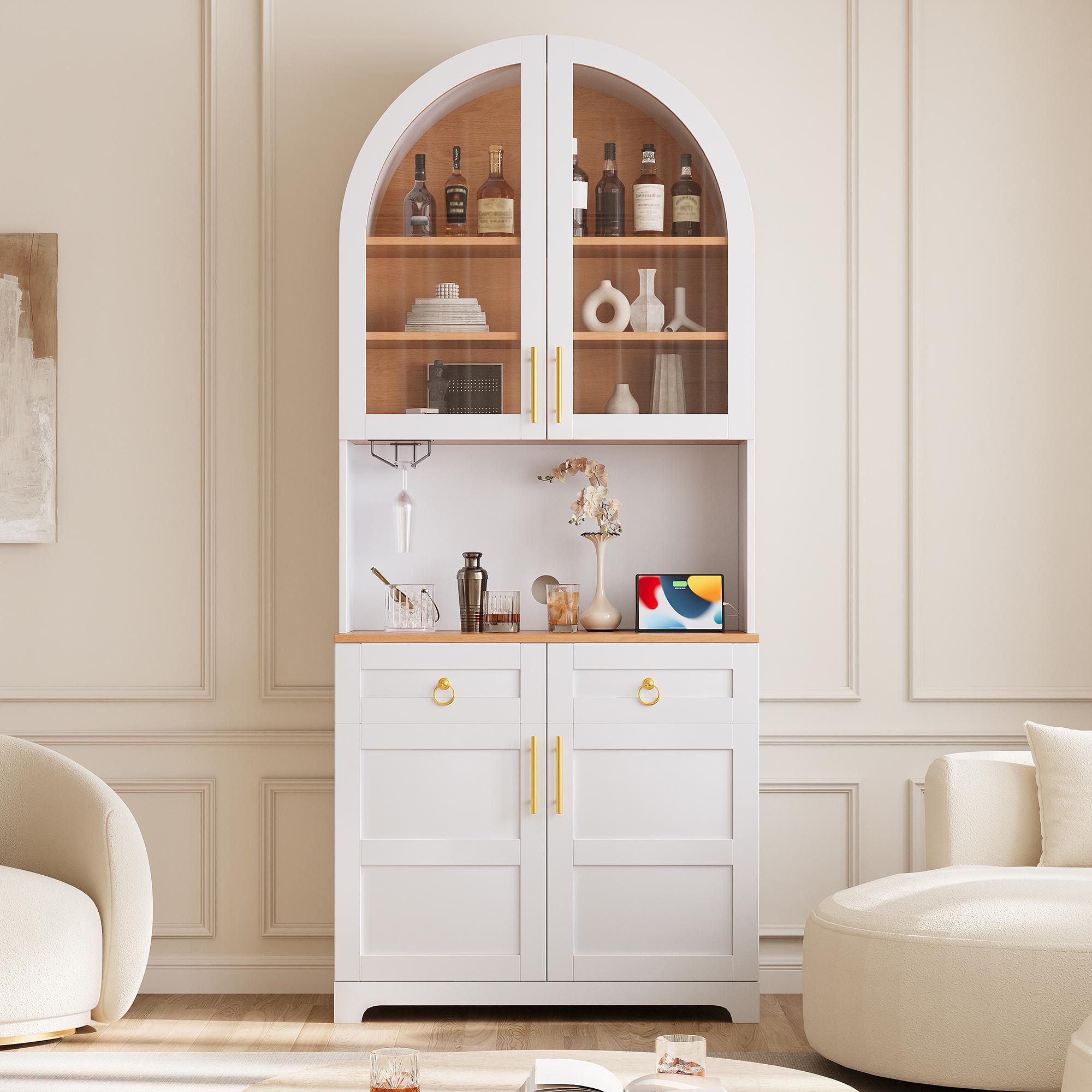Flieks Bogen-Hochschrank mit Arbeitsfläche, Glasvitrine mit Schubladen und Türen, LED-Beleuchtung, integrierte Steckdose & USB, Weiß, PB+MDF