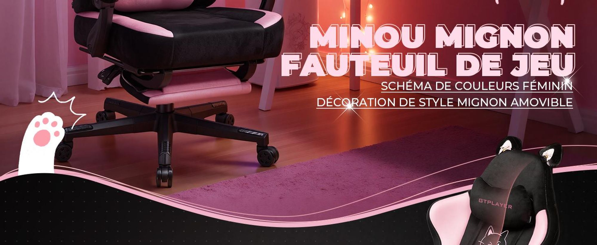 GTPLAYER Chaise gamer mignonne avec tissu velours, Gaming Chair, chaise de bureau ergonomique Gamer Chair avec oreilles de chat, mousse à mémoire de forme et repose-pieds, 150kg