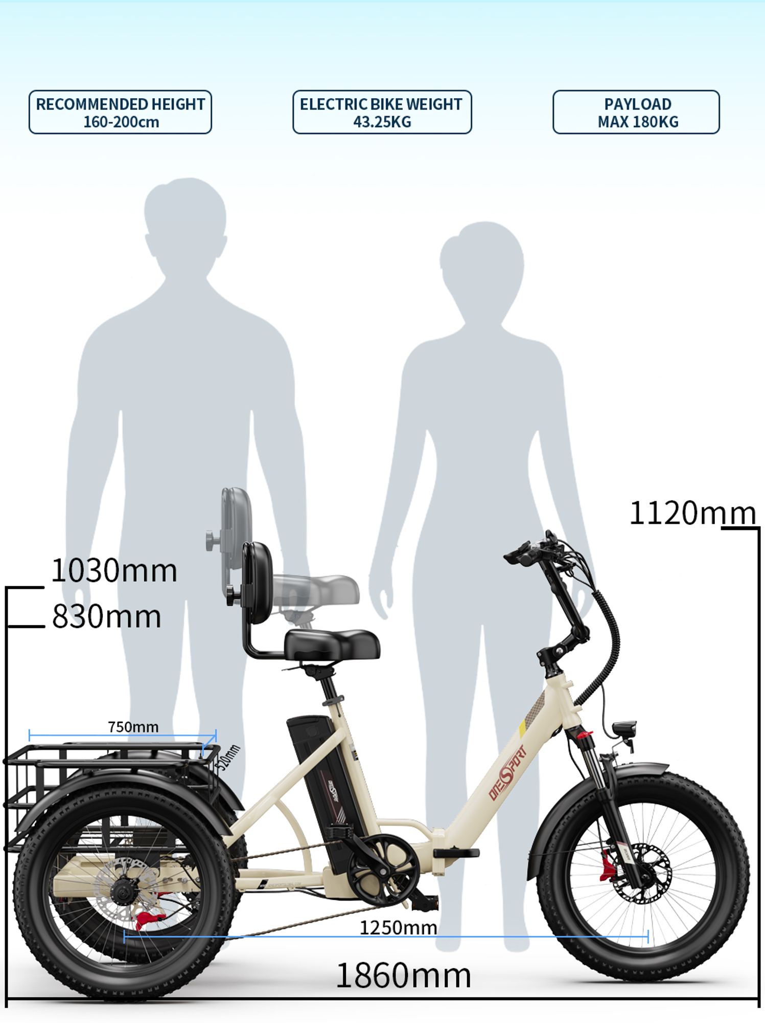 20 Zoll*3.0 Elektro-Dreirad 18Ah MIT Korb E-Bike Lastenfahrrad E-Bike Klappräder Bafang Motor Aluminium 180KG Drehmomentsensor Rückwärtsfahfunktion
