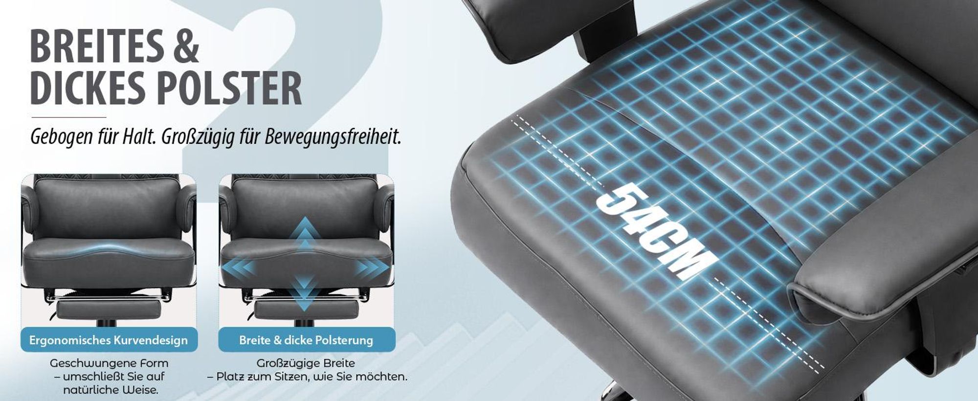 GTPLAYER Gaming Stuhl Ergonomischer Bürostuhl mit Verstellbarer Kopfstütze großer Lendenwirbelstütze, 54 cm breiter Sitz, 90°–150° neigbar 180KG